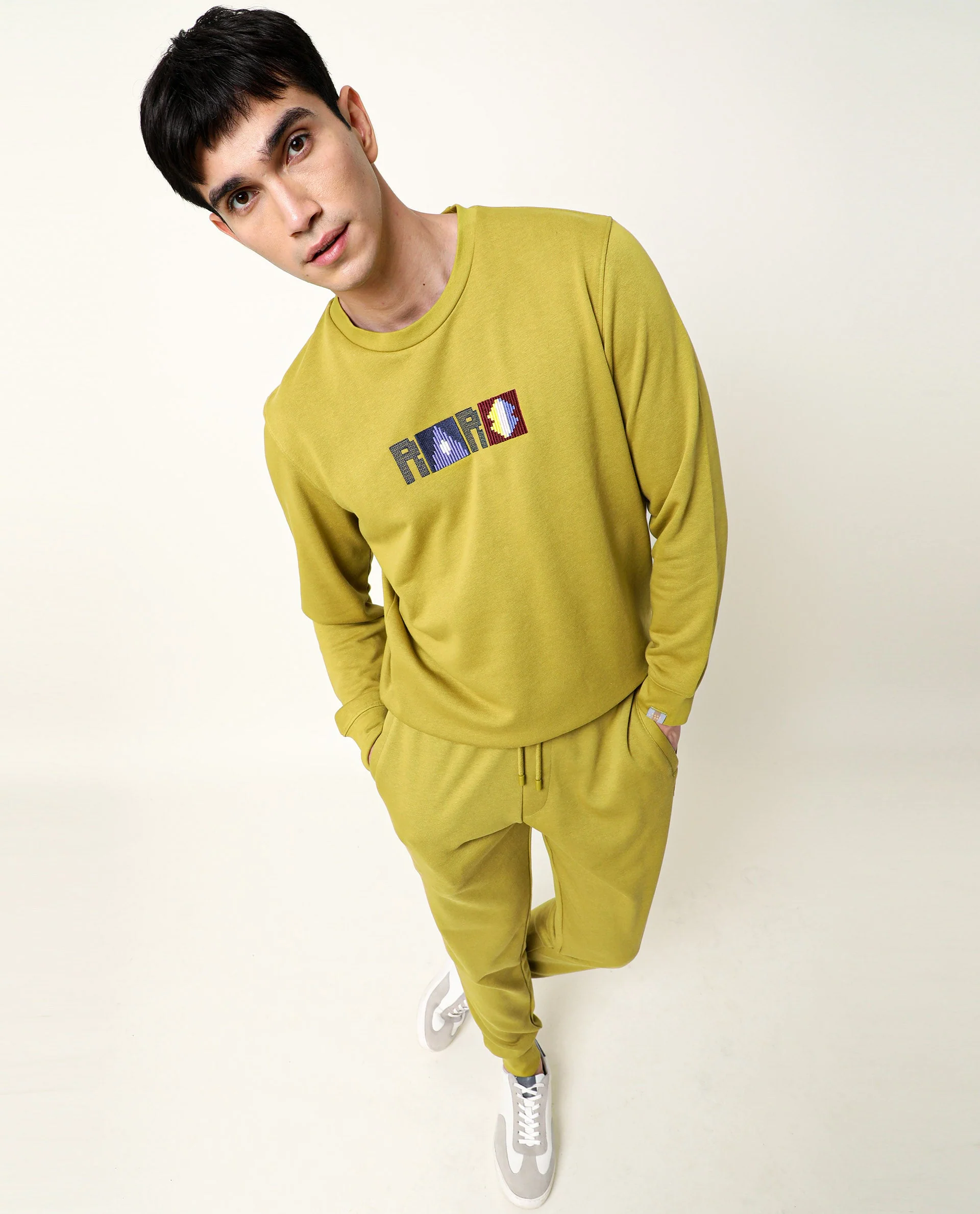 Rare Rabbit Men's Martis Olive Cotton Embroidered Regular Fit Full Sleeve Crew Neck Sweatshirt - Image 3