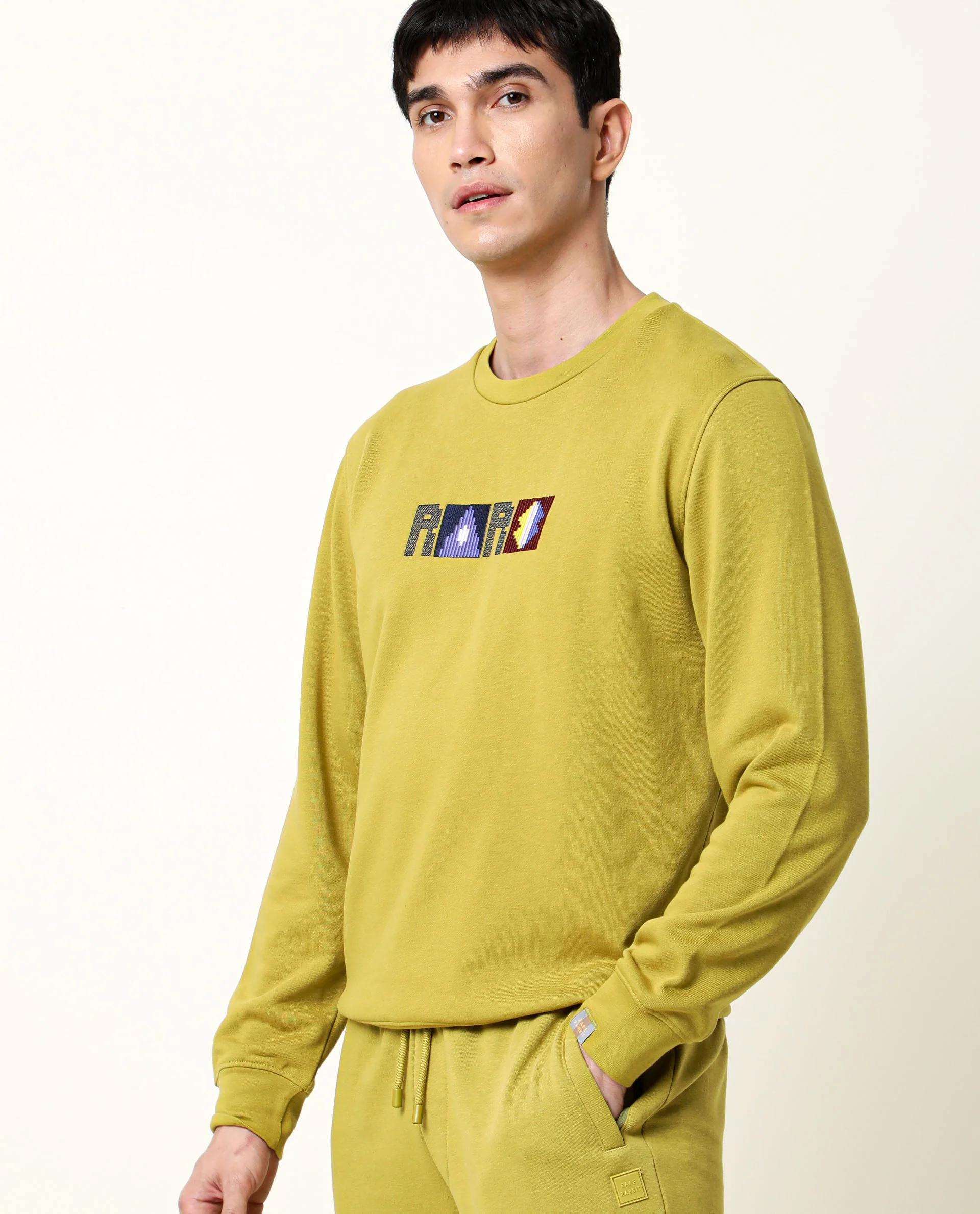 Rare Rabbit Men's Martis Olive Cotton Embroidered Regular Fit Full Sleeve Crew Neck Sweatshirt - Image 6