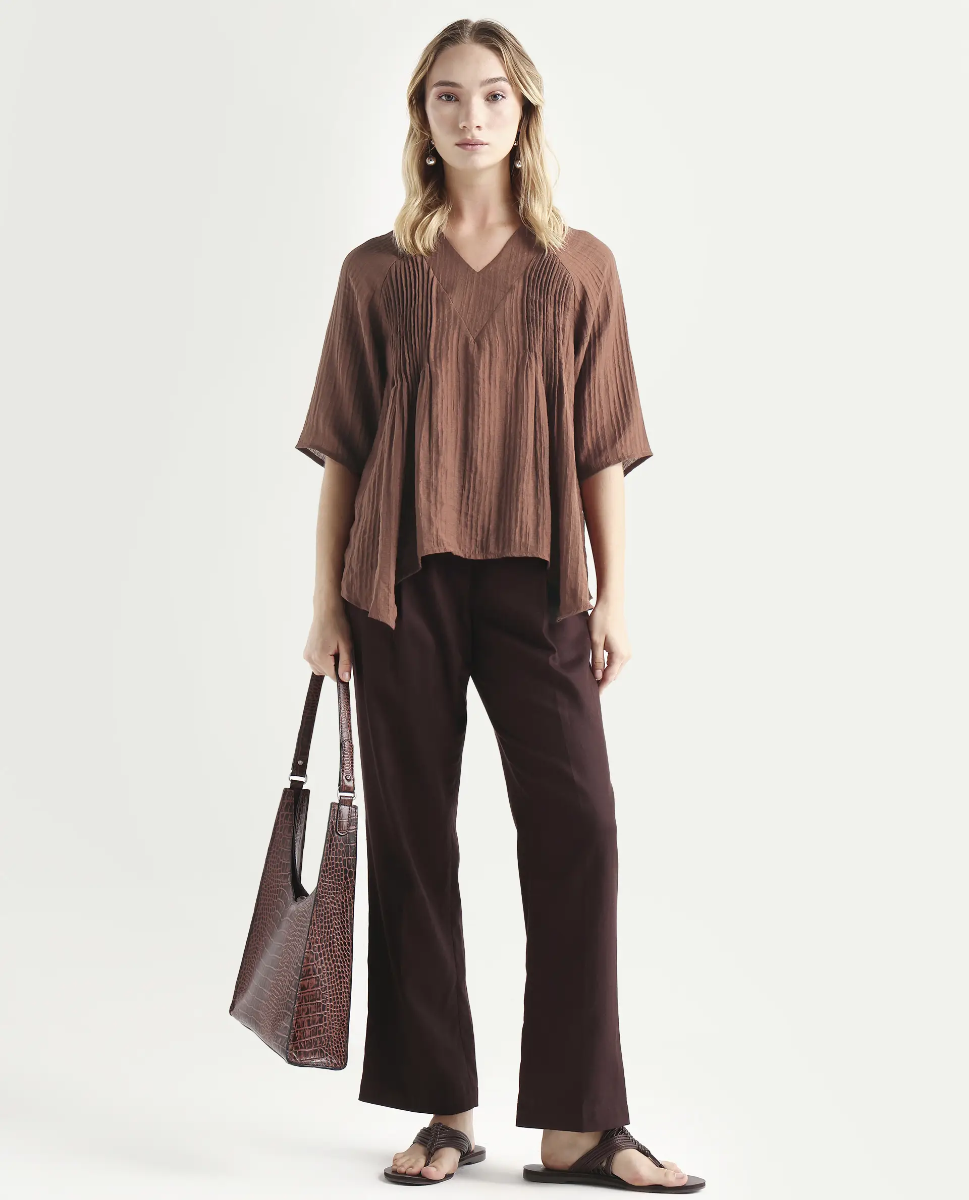 Rareism Women's Maruka Rust Polyester Blend V-Neck Plain Raglan Sleeve Regular Fit Top - Image 2