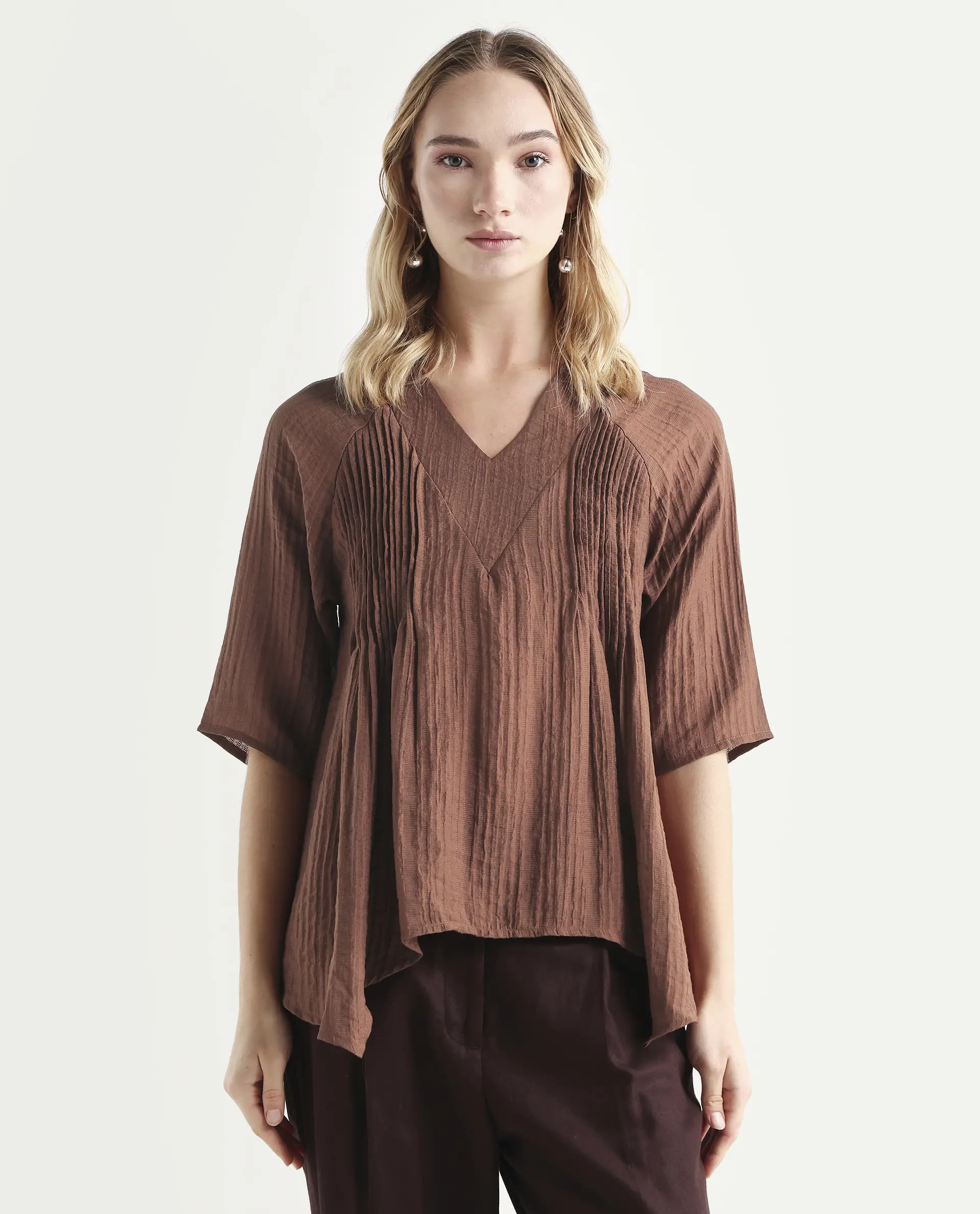 Rareism Women's Maruka Rust Polyester Blend V-Neck Plain Raglan Sleeve Regular Fit Top - Image 3