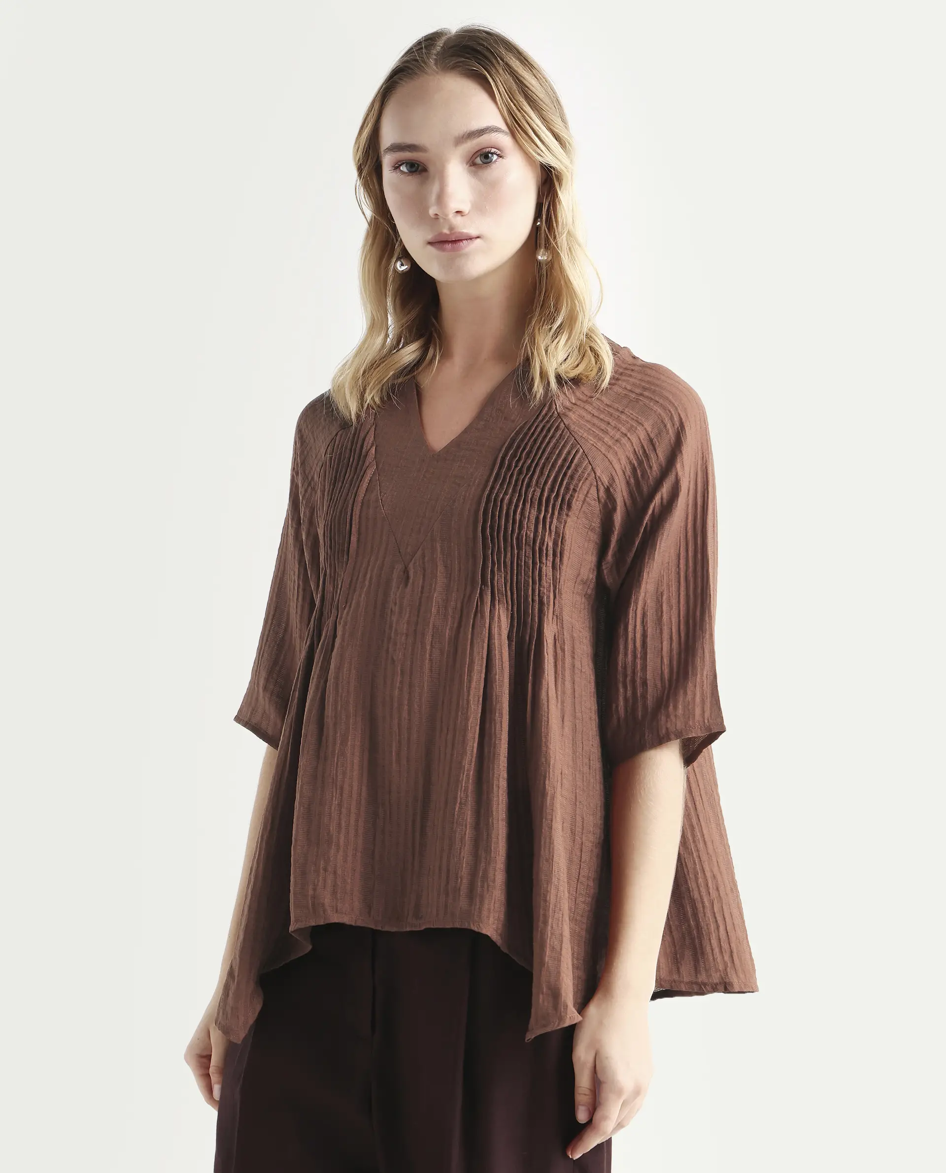 Rareism Women's Maruka Rust Polyester Blend V-Neck Plain Raglan Sleeve Regular Fit Top - Image 5