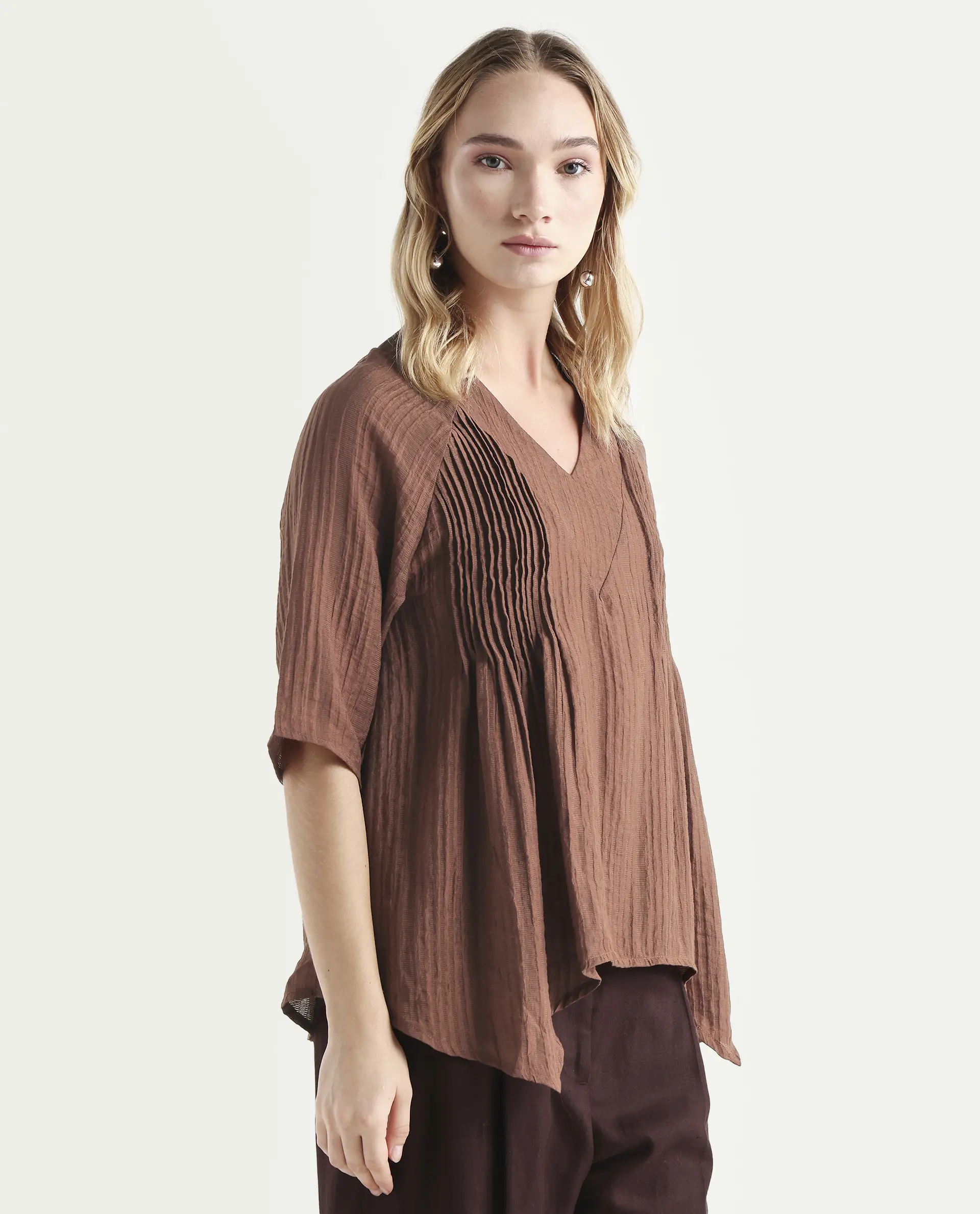 Rareism Women's Maruka Rust Polyester Blend V-Neck Plain Raglan Sleeve Regular Fit Top - Image 6