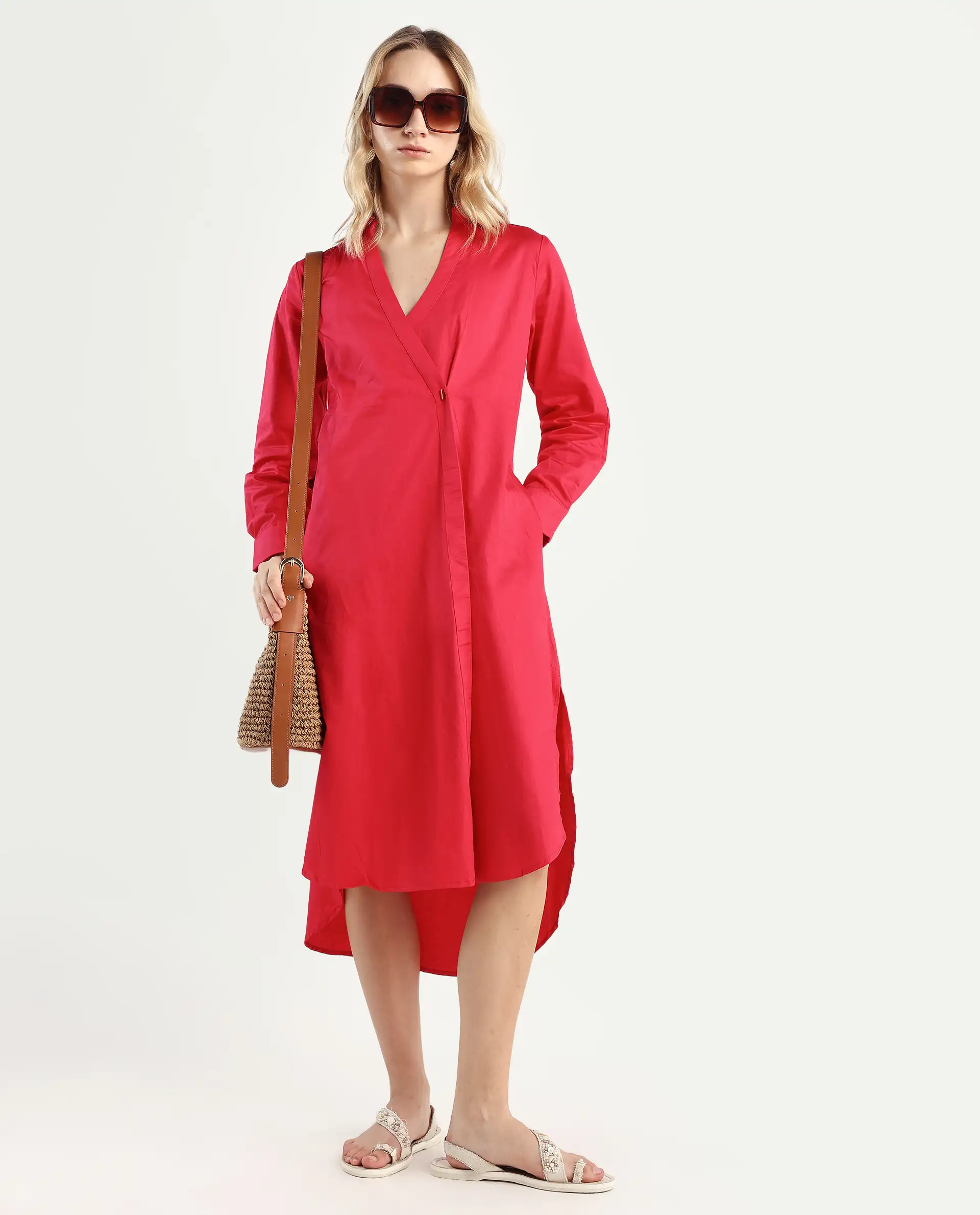 Rareism Women's Marunara Red Cotton Blend Johnny Collar Plain Cuffed Sleeve Midi Relaxed Fit Dress - Image 2
