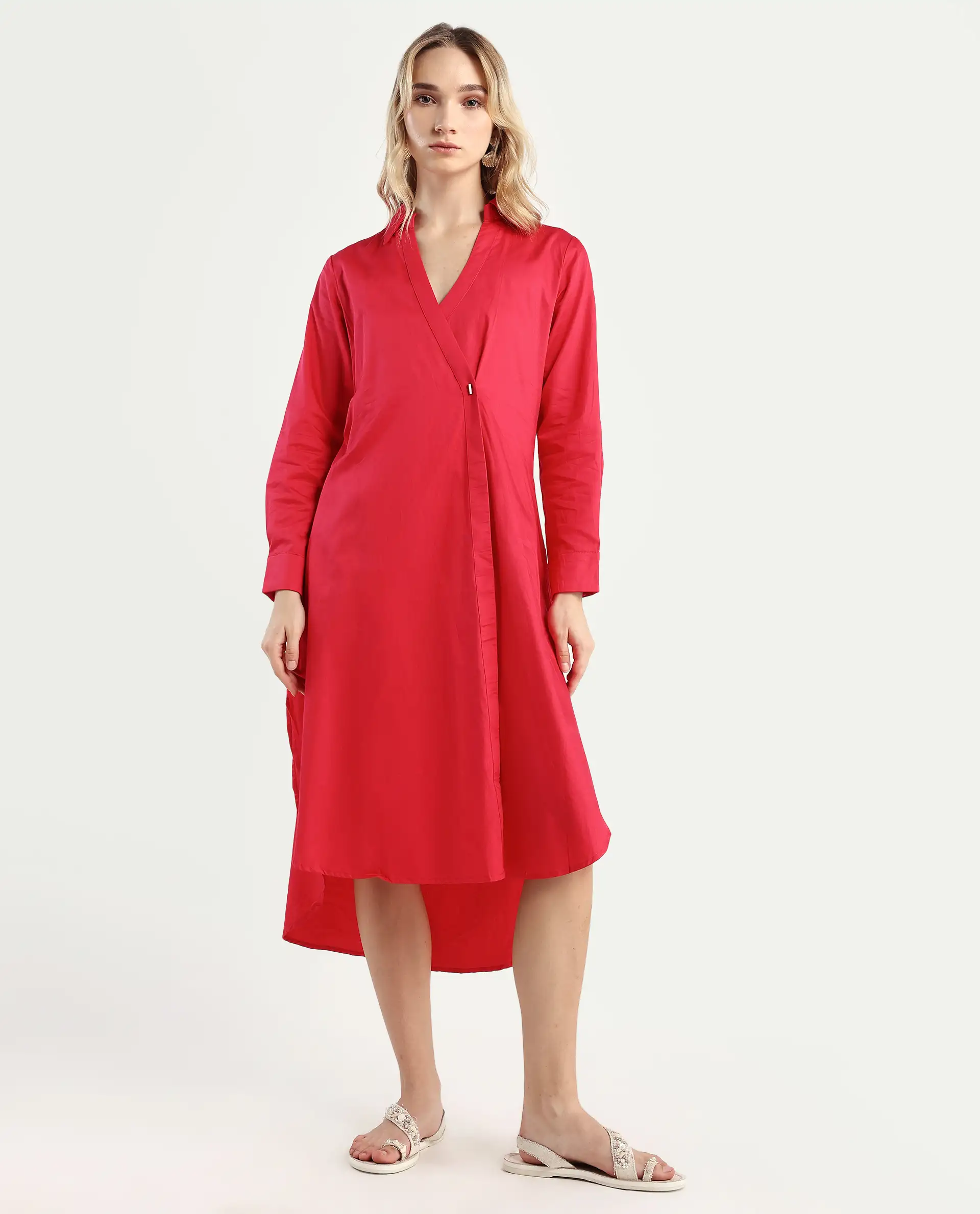 Rareism Women's Marunara Red Cotton Blend Johnny Collar Plain Cuffed Sleeve Midi Relaxed Fit Dress - Image 3