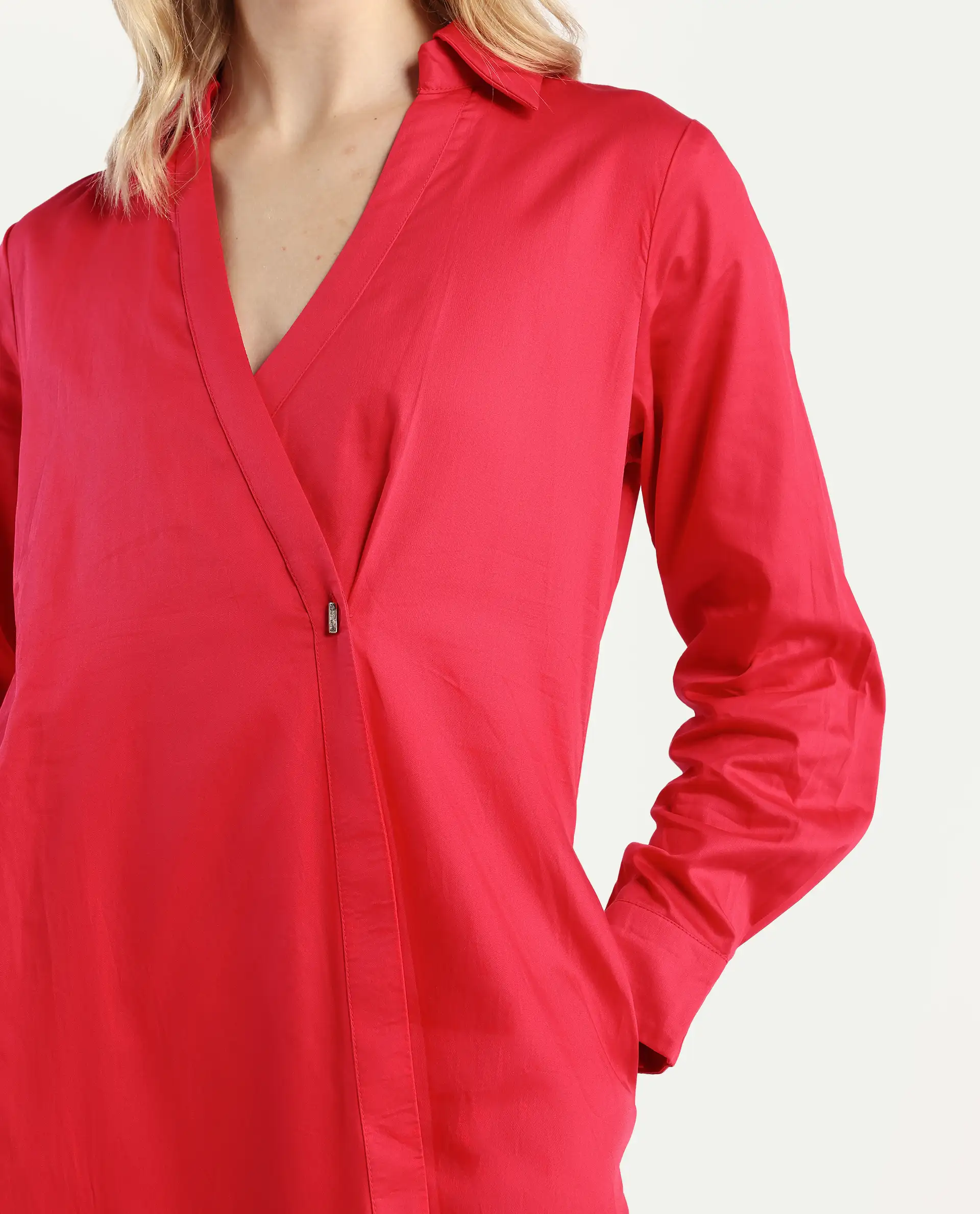 Rareism Women's Marunara Red Cotton Blend Johnny Collar Plain Cuffed Sleeve Midi Relaxed Fit Dress - Image 4