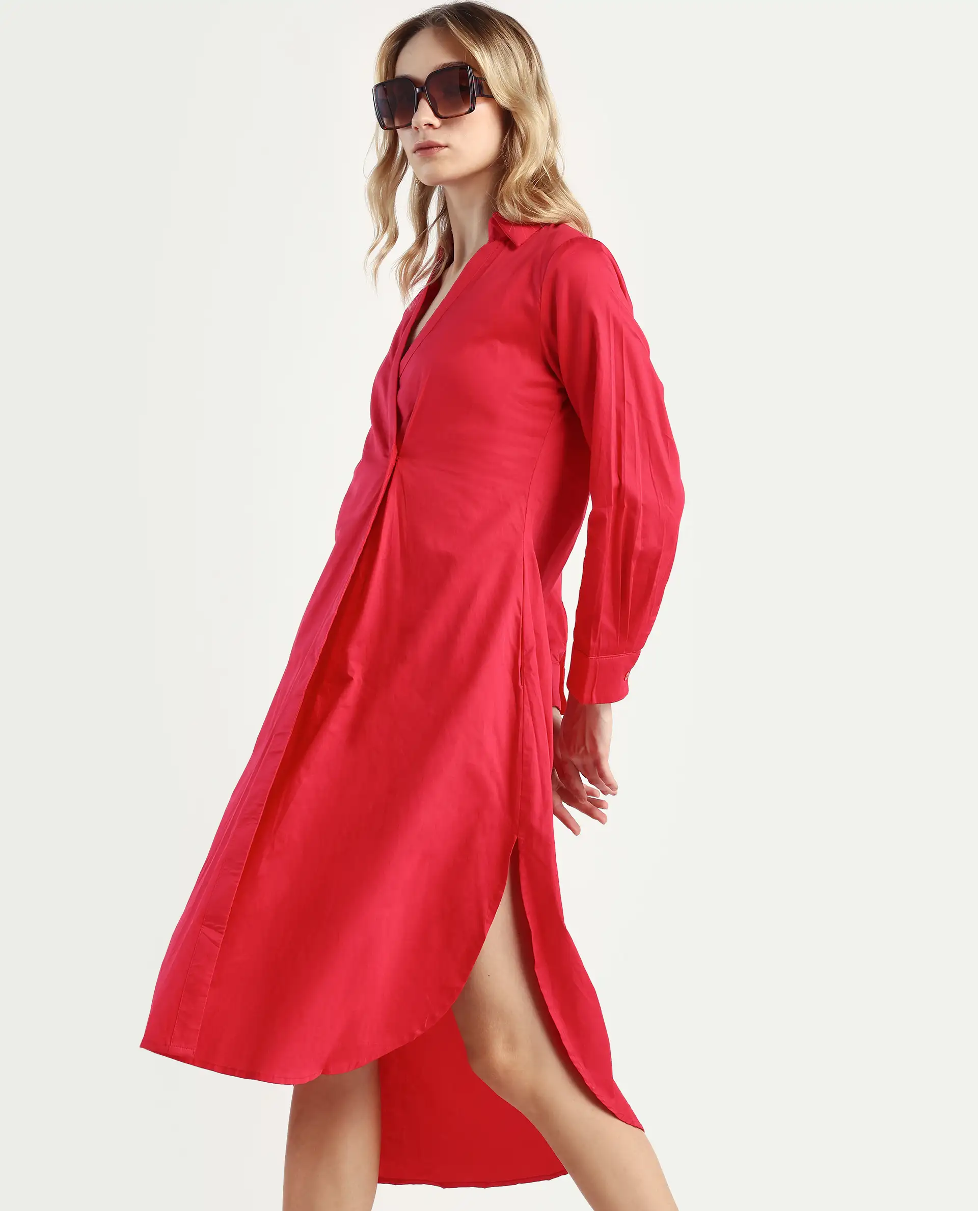 Rareism Women's Marunara Red Cotton Blend Johnny Collar Plain Cuffed Sleeve Midi Relaxed Fit Dress - Image 5
