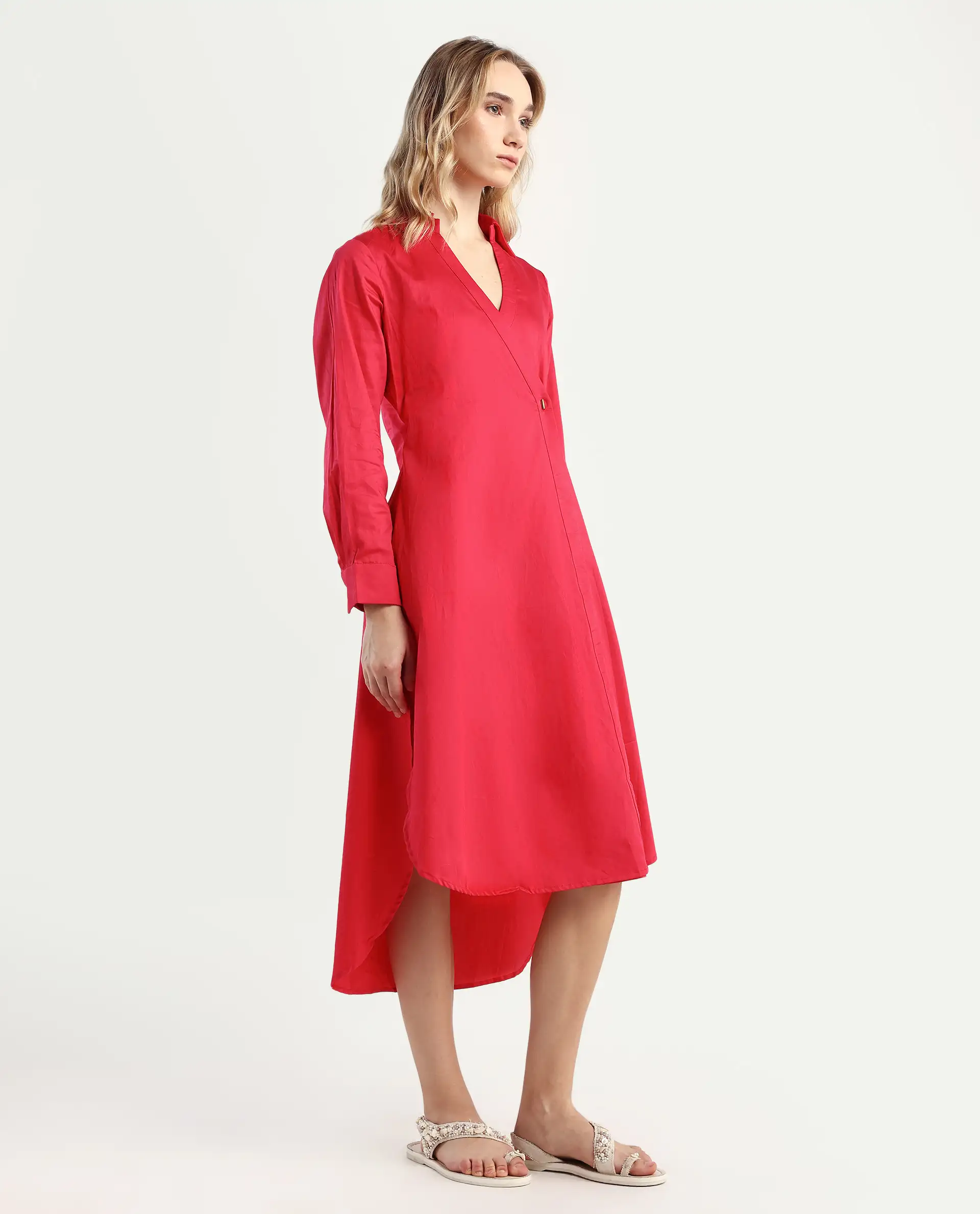 Rareism Women's Marunara Red Cotton Blend Johnny Collar Plain Cuffed Sleeve Midi Relaxed Fit Dress - Image 6