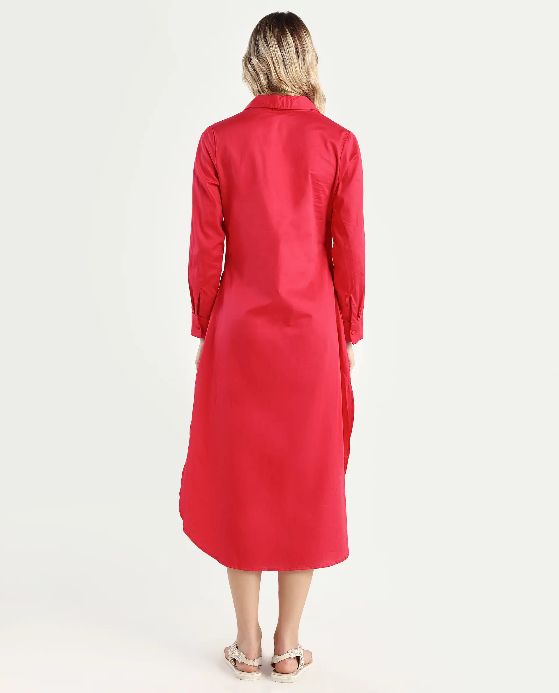 Rareism Women's Marunara Red Cotton Blend Johnny Collar Plain Cuffed Sleeve Midi Relaxed Fit Dress - Image 7