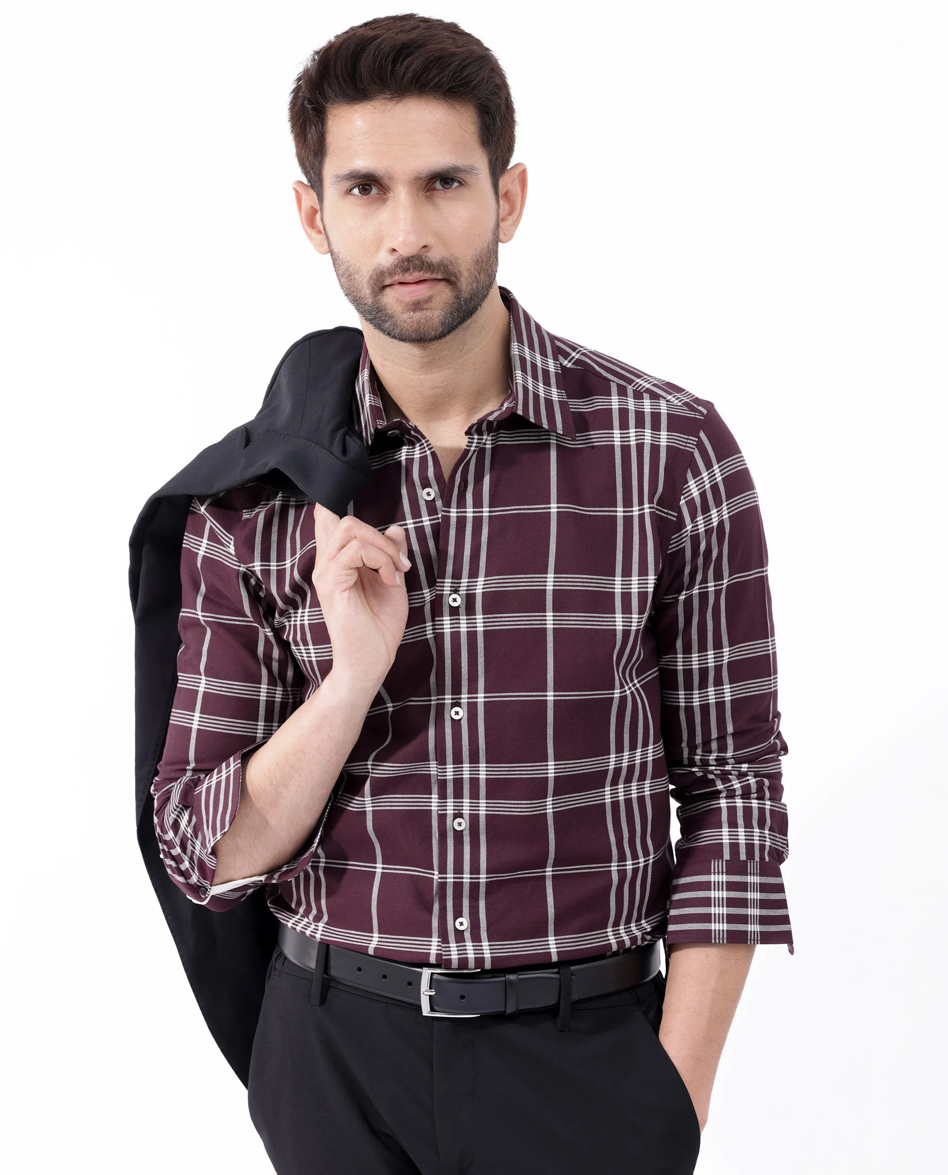 Rare Rabbit Men's Marvel Dark Maroon Cotton Checked Print Regular Fit Full Sleeve Collared Shirt