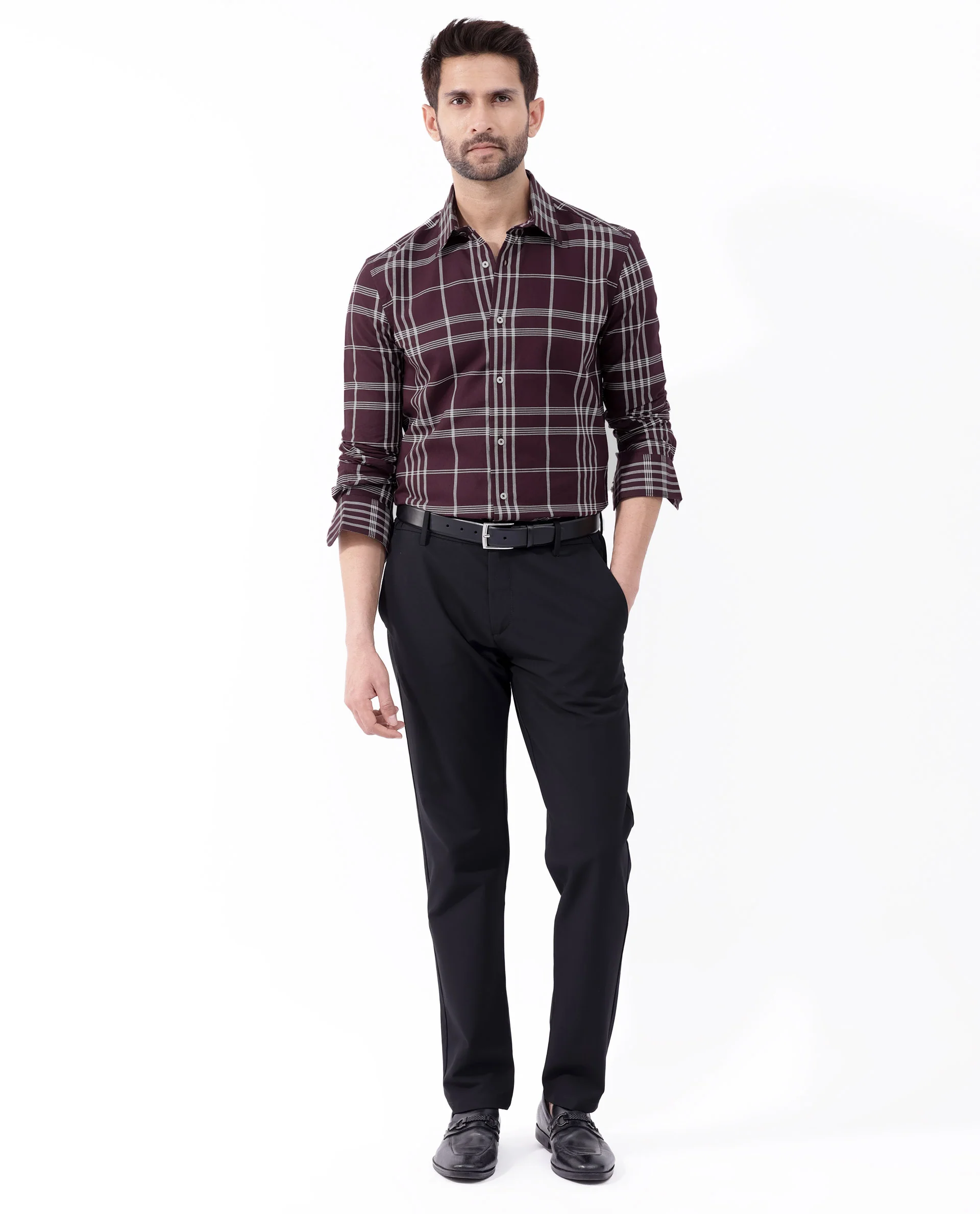 Rare Rabbit Men's Marvel Dark Maroon Cotton Checked Print Regular Fit Full Sleeve Collared Shirt - Image 2