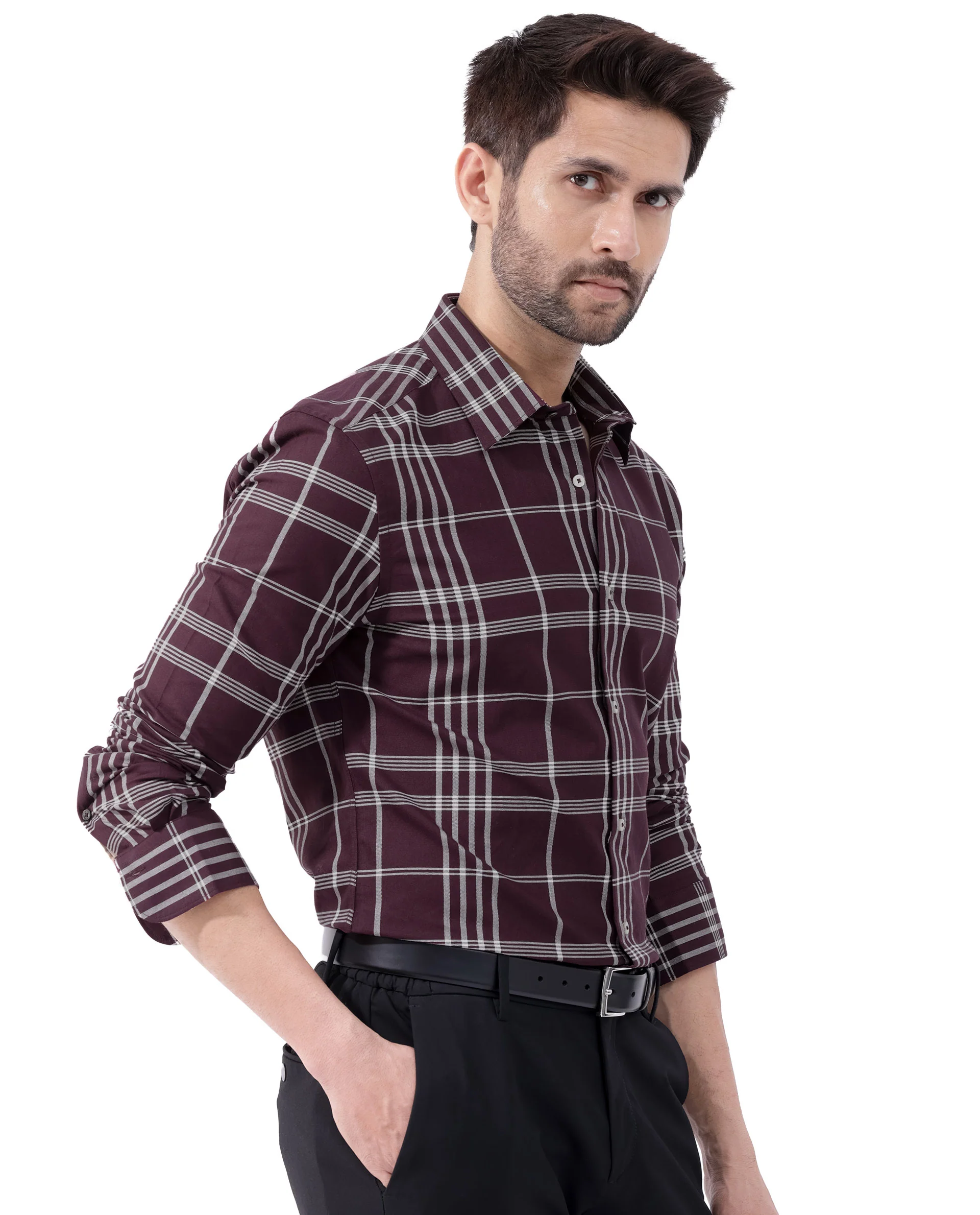 Rare Rabbit Men's Marvel Dark Maroon Cotton Checked Print Regular Fit Full Sleeve Collared Shirt - Image 3