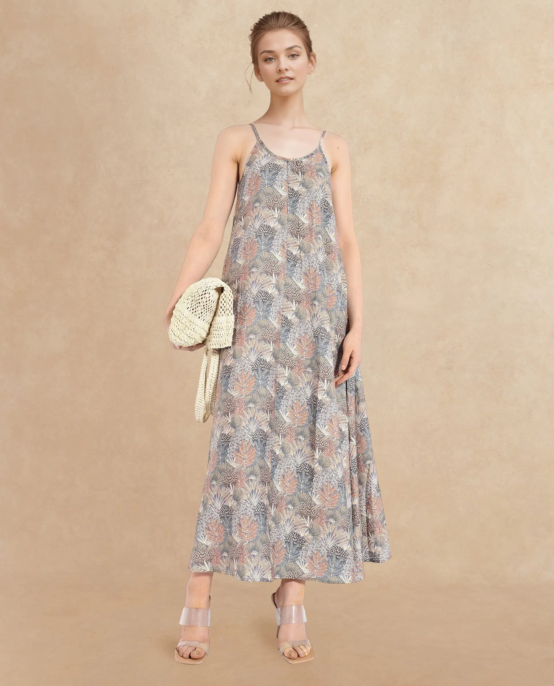 Rareism Women's Marvia Dark Multi Polyester Shoulder Strap Botanical Print Sleeveless Maxi Flared Dress