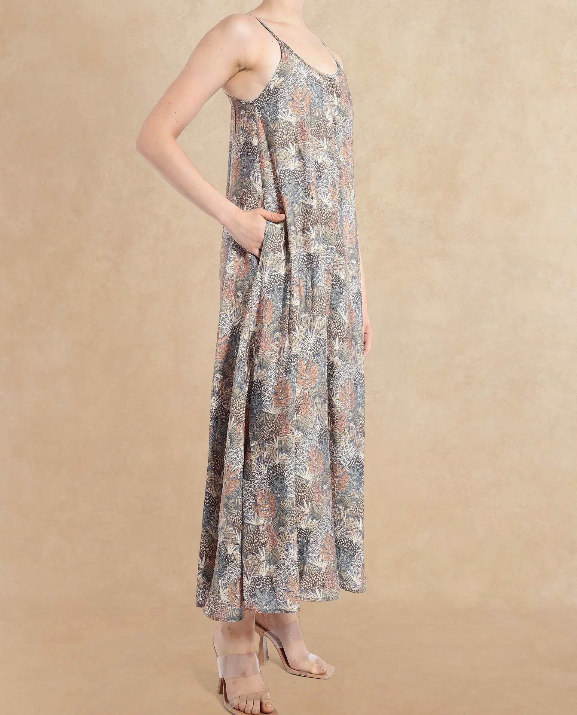 Rareism Women's Marvia Dark Multi Polyester Shoulder Strap Botanical Print Sleeveless Maxi Flared Dress - Image 3