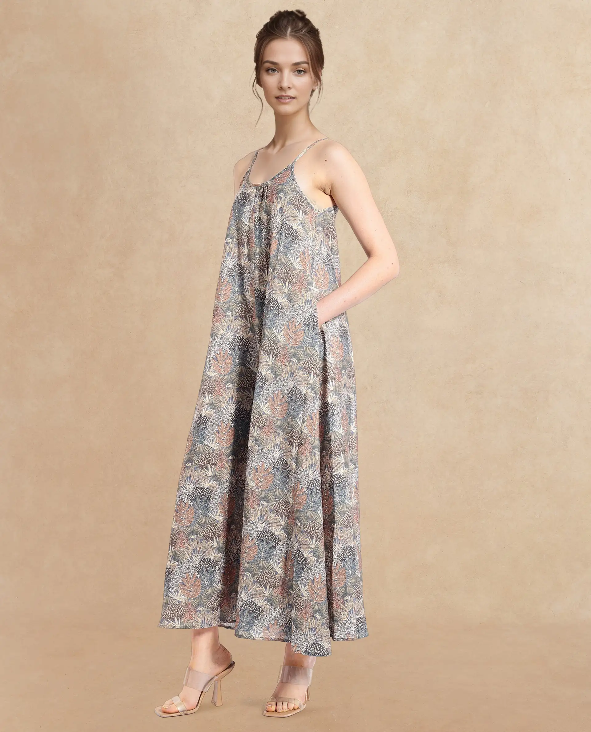 Rareism Women's Marvia Dark Multi Polyester Shoulder Strap Botanical Print Sleeveless Maxi Flared Dress - Image 6