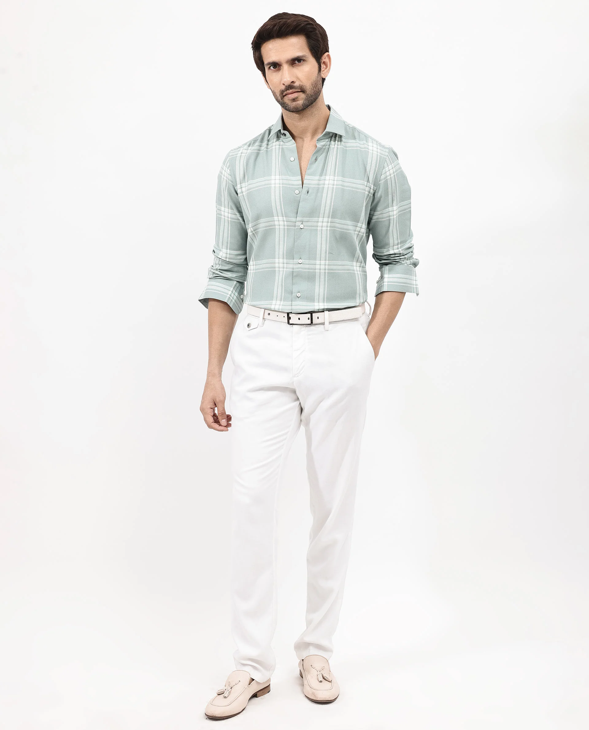 Rare Rabbit Men's Mavron Green Cotton Checked Print Regular Fit Full Sleeve Collared Shirt - Image 2