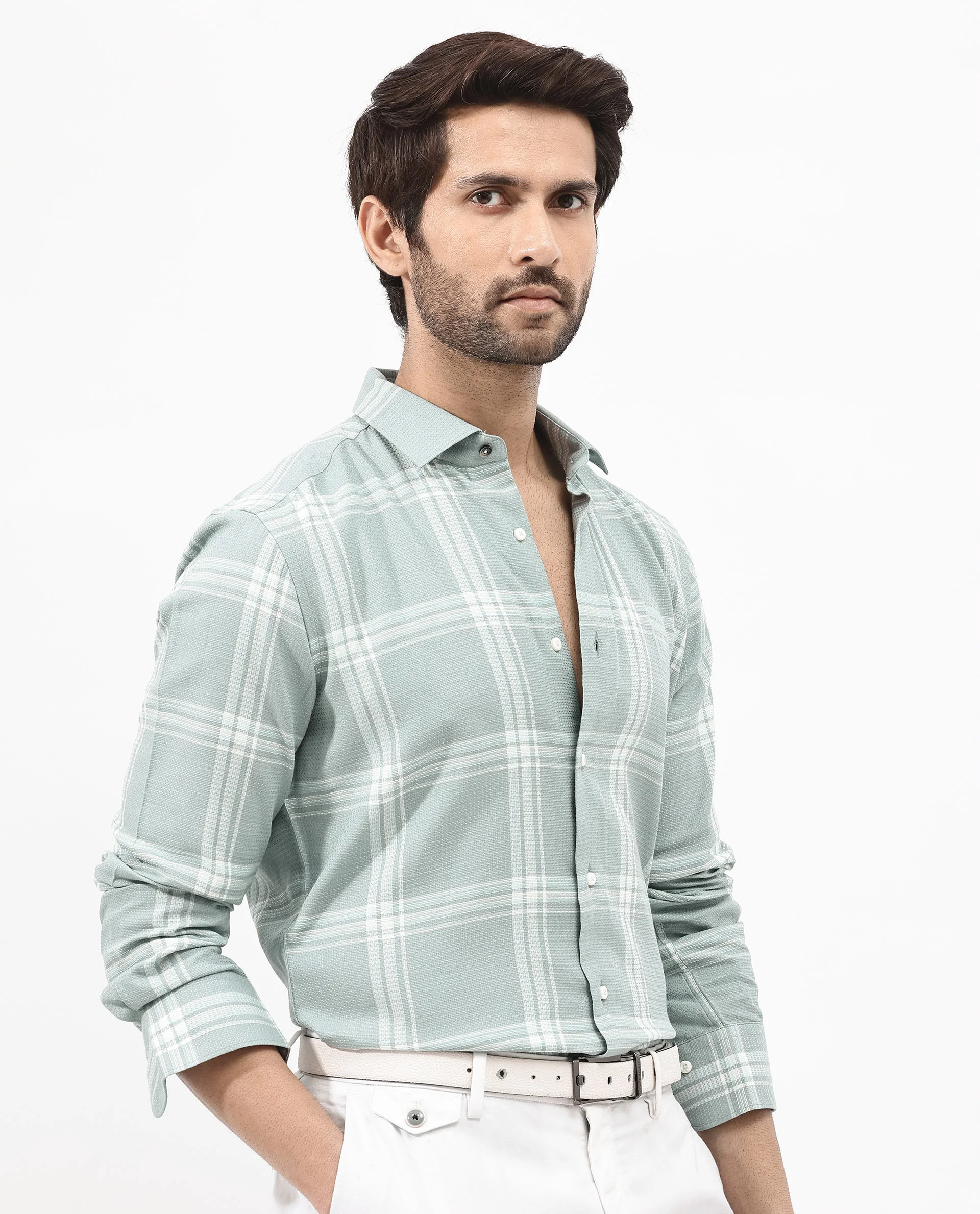 Rare Rabbit Men's Mavron Green Cotton Checked Print Regular Fit Full Sleeve Collared Shirt - Image 9