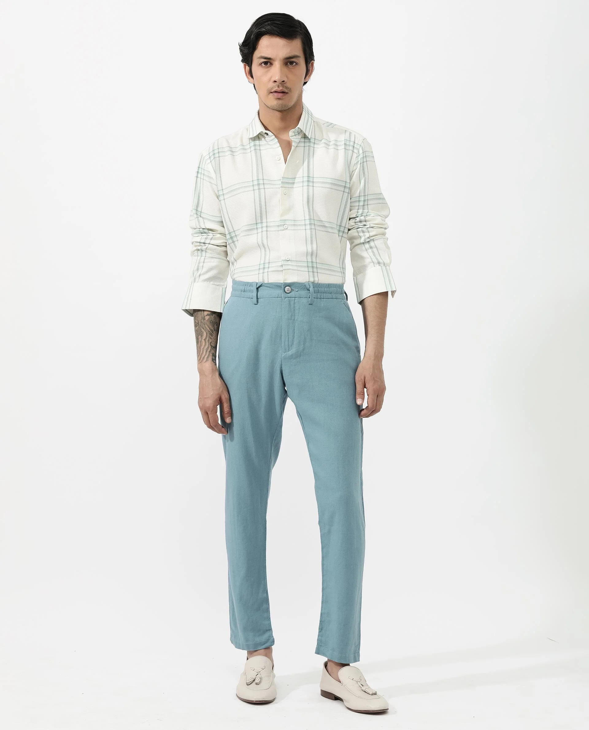 Rare Rabbit Men's Marvon Pastel Off White Cotton Checked Print Regular Fit Full Sleeve Collared Shirt - Image 2