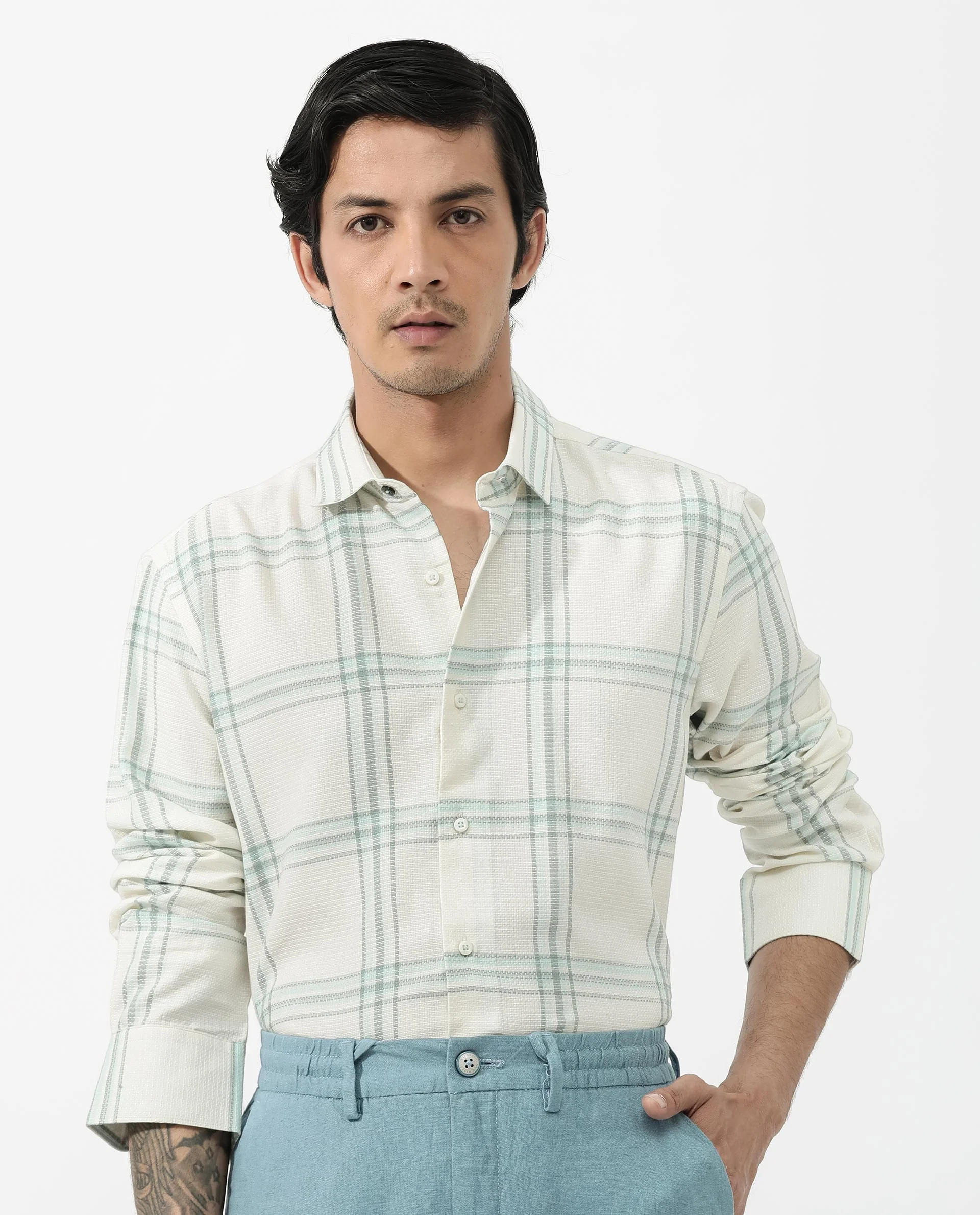 Rare Rabbit Men's Marvon Pastel Off White Cotton Checked Print Regular Fit Full Sleeve Collared Shirt - Image 3