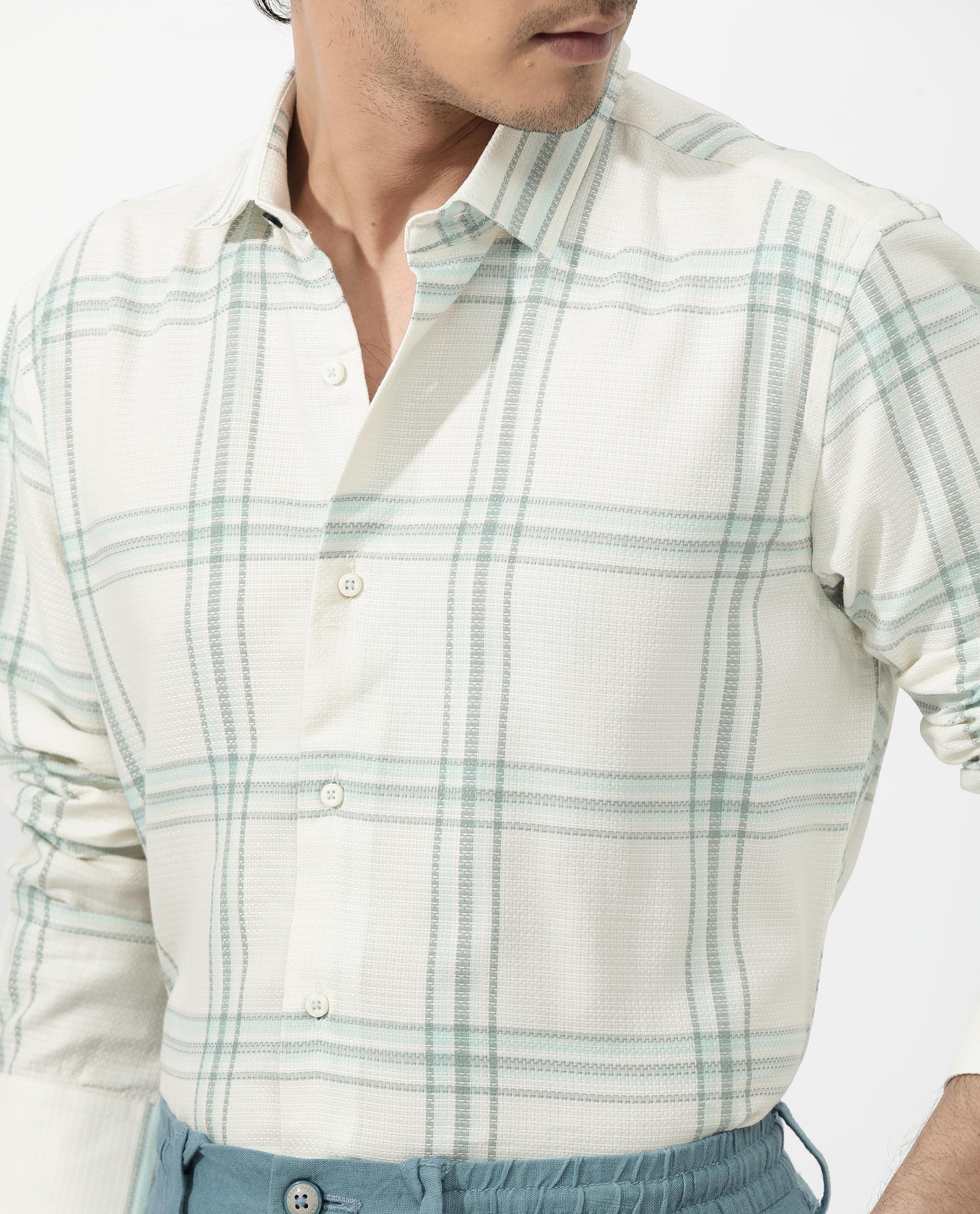Rare Rabbit Men's Marvon Pastel Off White Cotton Checked Print Regular Fit Full Sleeve Collared Shirt - Image 5
