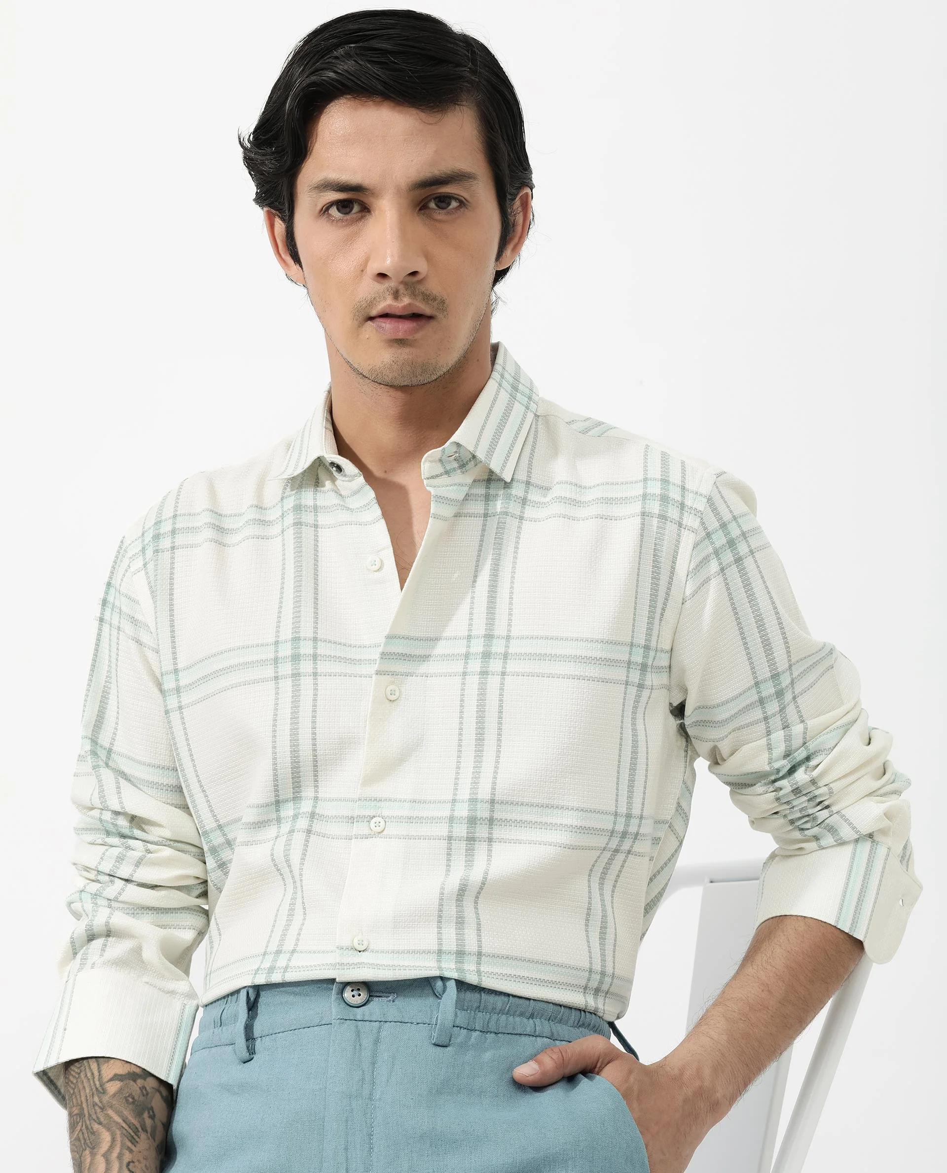 Rare Rabbit Men's Marvon Pastel Off White Cotton Checked Print Regular Fit Full Sleeve Collared Shirt - Image 7