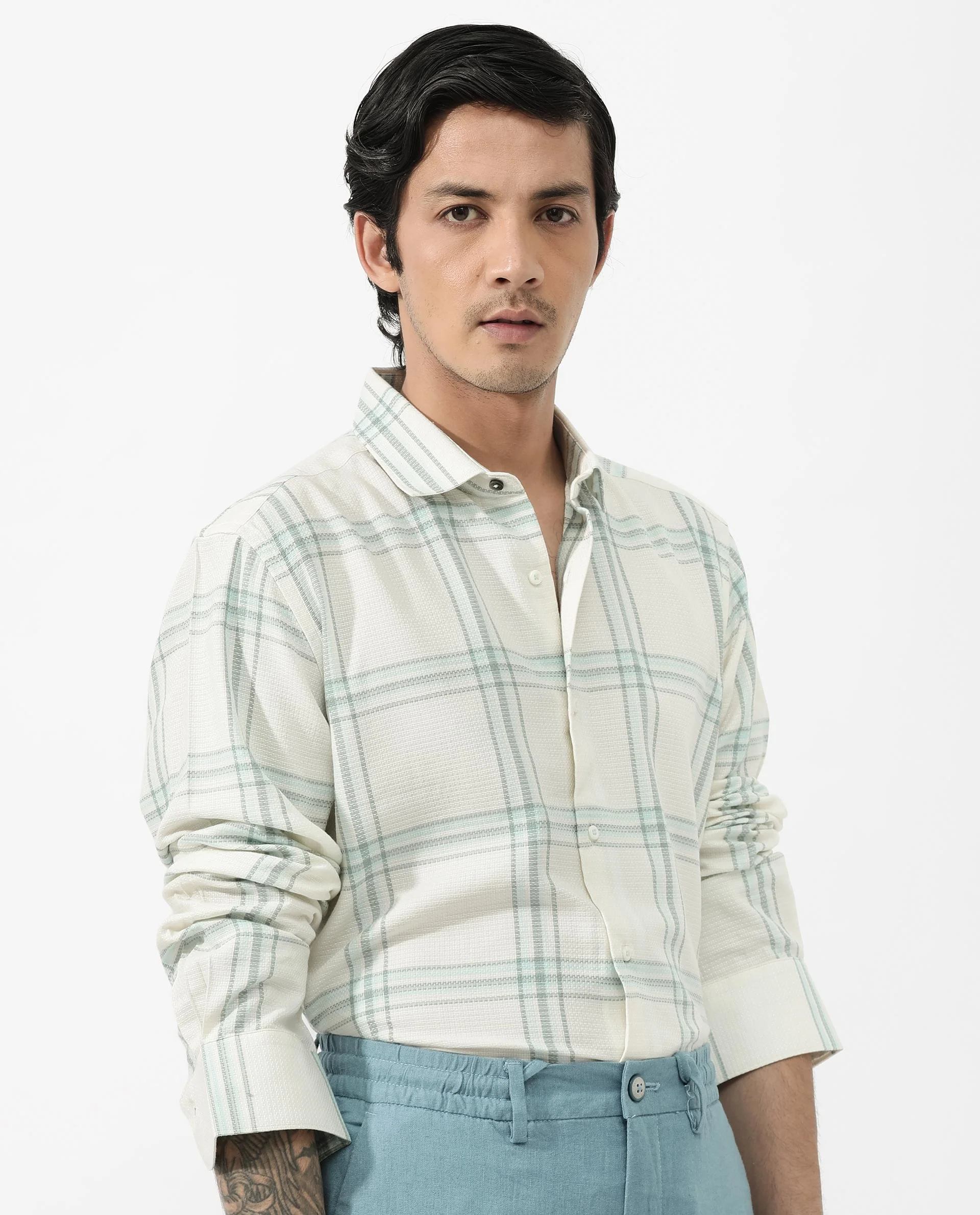 Rare Rabbit Men's Marvon Pastel Off White Cotton Checked Print Regular Fit Full Sleeve Collared Shirt - Image 9