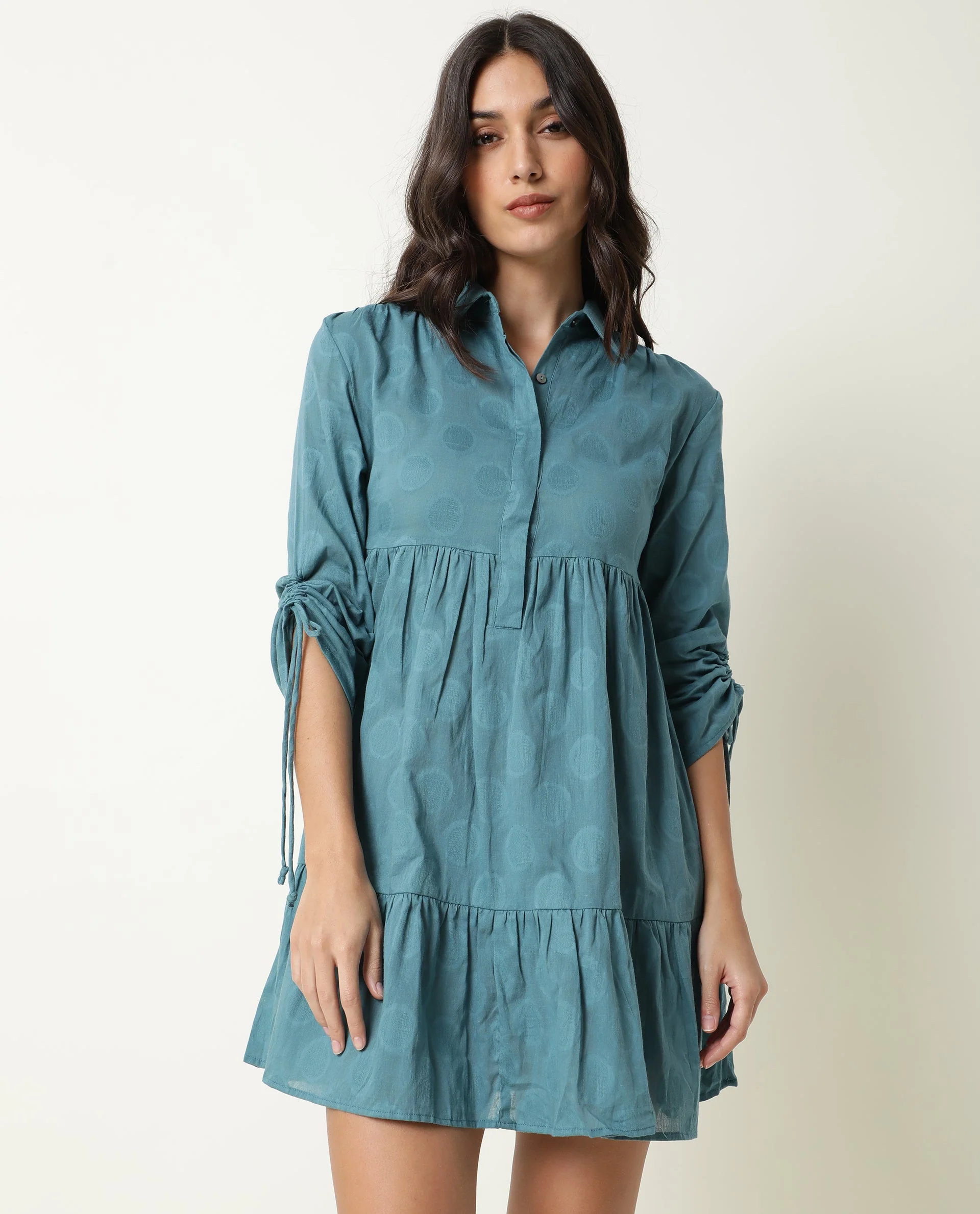 Rareism Womens Mascara Blue Dress Cotton Fabric Regular Fit 3/4 Sleeve Collared Neck