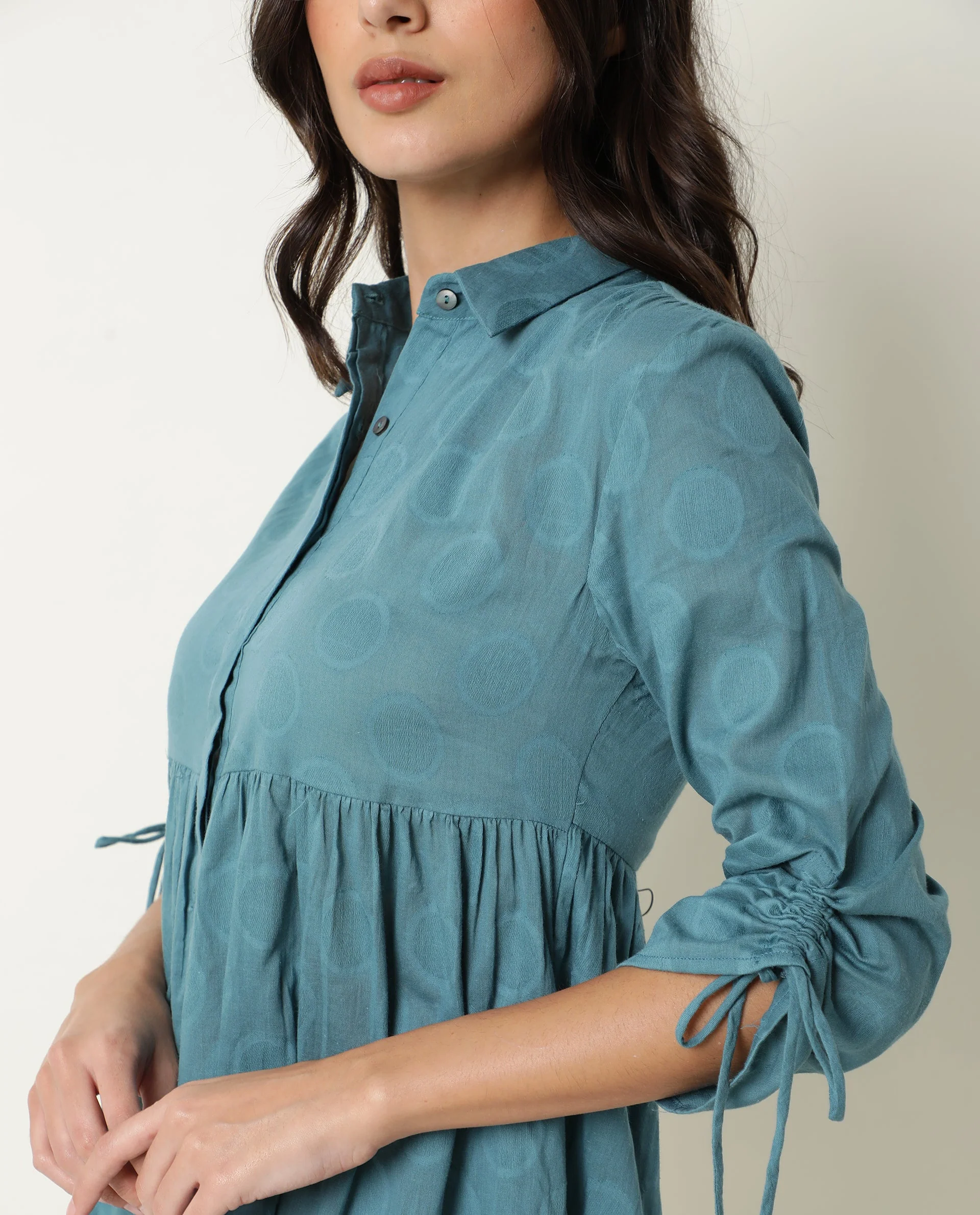 Rareism Womens Mascara Blue Dress Cotton Fabric Regular Fit 3/4 Sleeve Collared Neck - Image 10