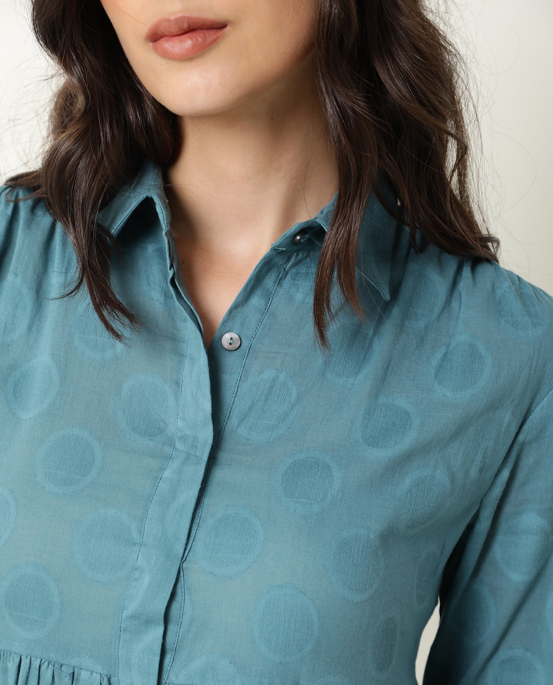Rareism Womens Mascara Blue Dress Cotton Fabric Regular Fit 3/4 Sleeve Collared Neck - Image 4