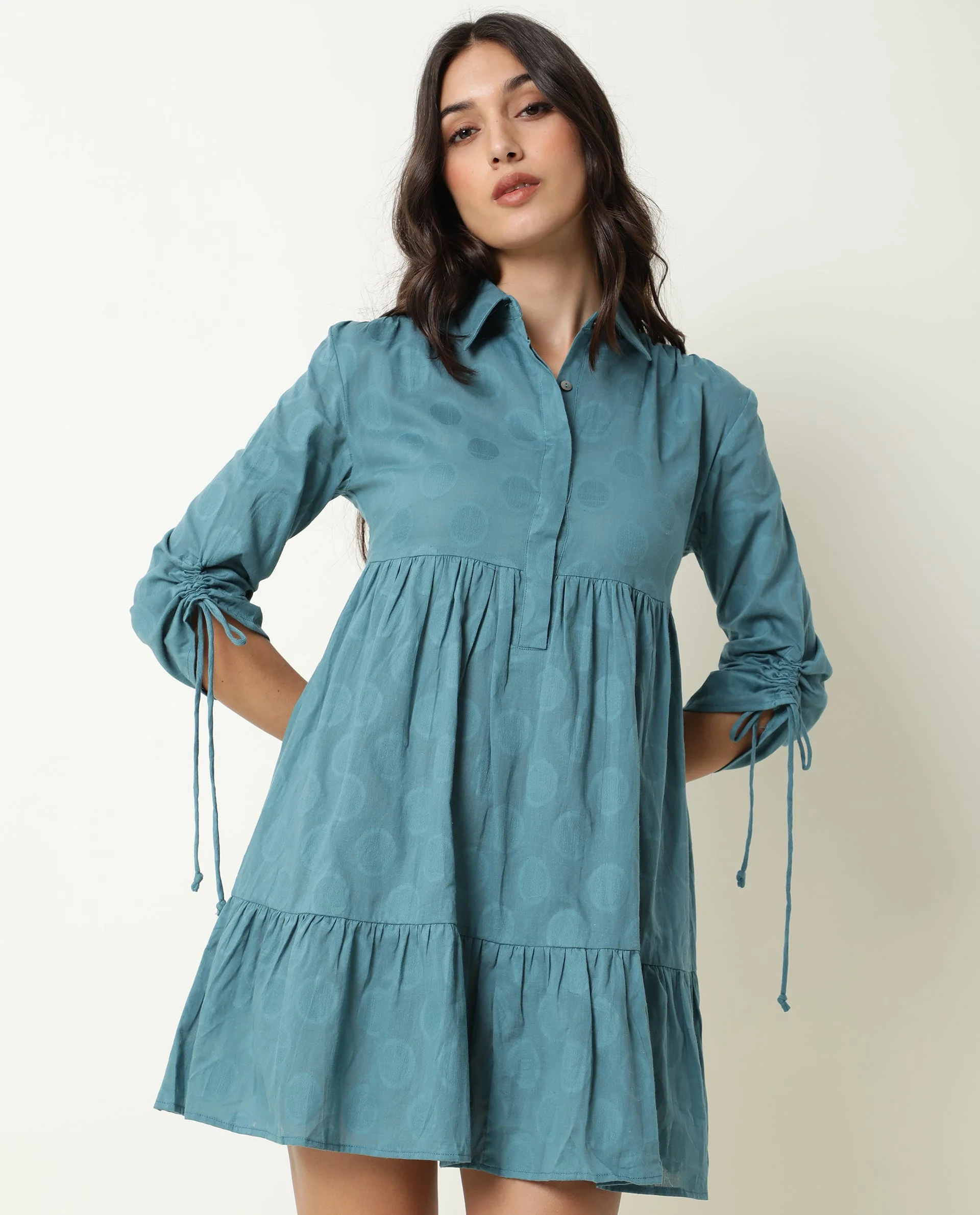 Rareism Womens Mascara Blue Dress Cotton Fabric Regular Fit 3/4 Sleeve Collared Neck - Image 5