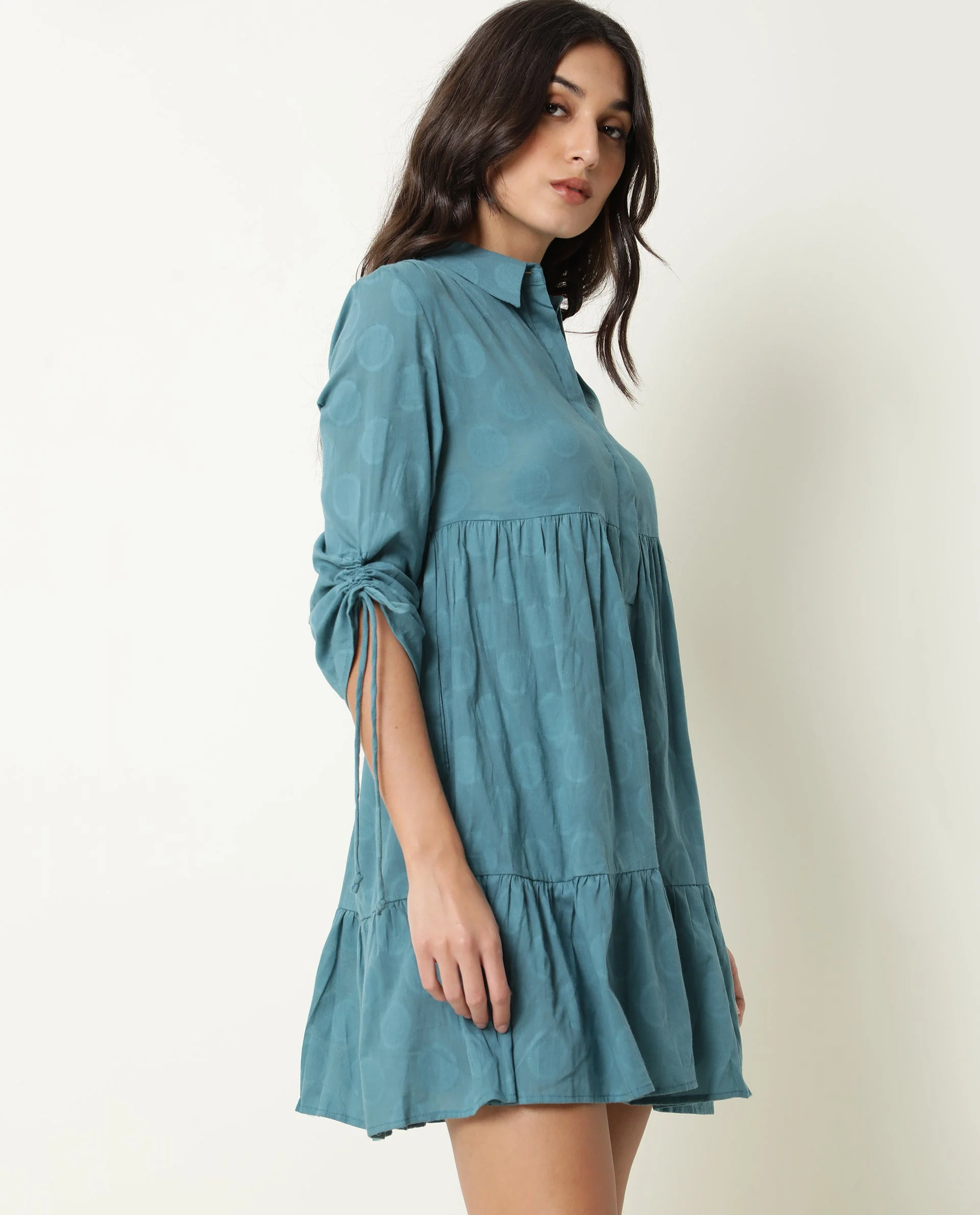 Rareism Womens Mascara Blue Dress Cotton Fabric Regular Fit 3/4 Sleeve Collared Neck - Image 6