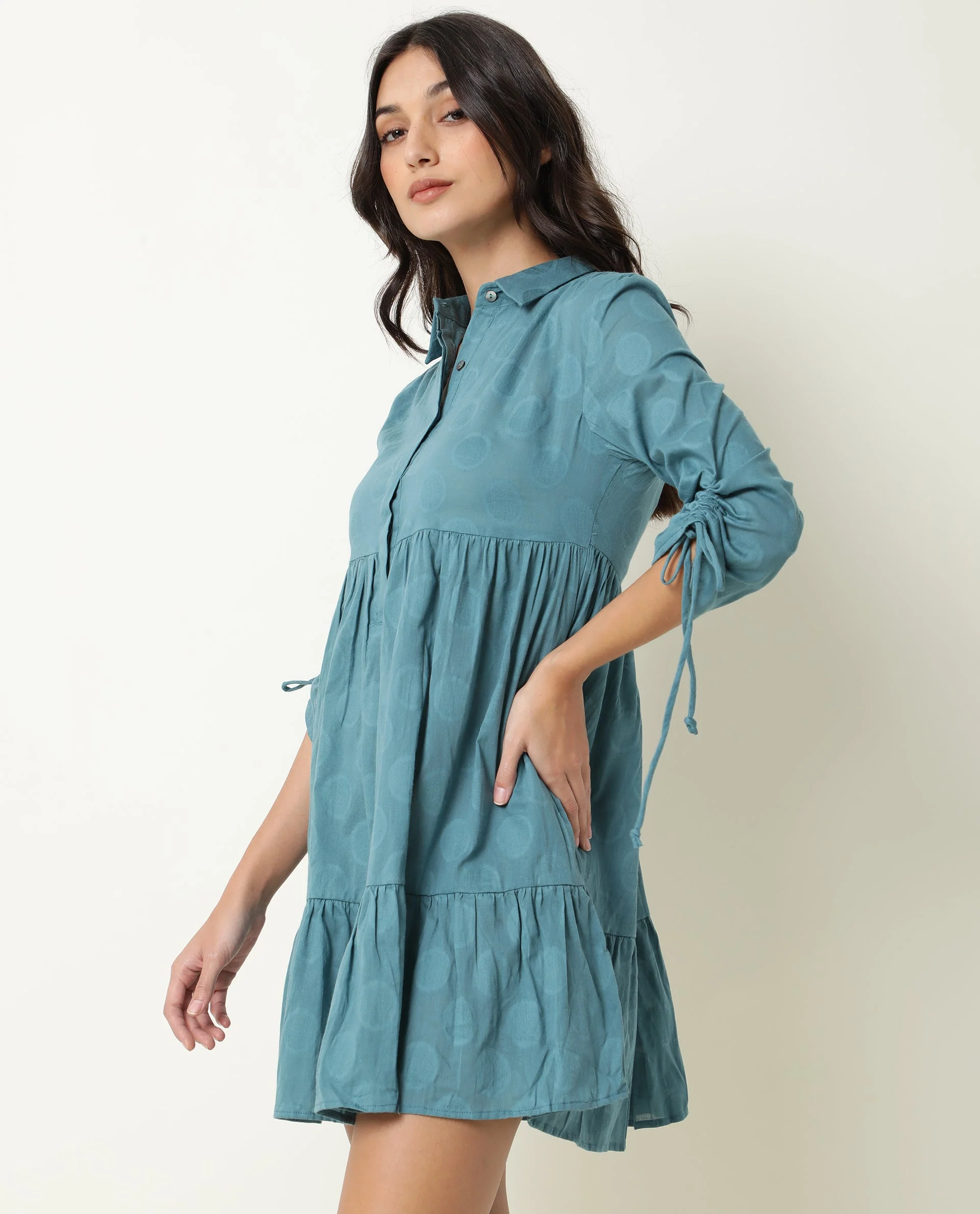 Rareism Womens Mascara Blue Dress Cotton Fabric Regular Fit 3/4 Sleeve Collared Neck - Image 7