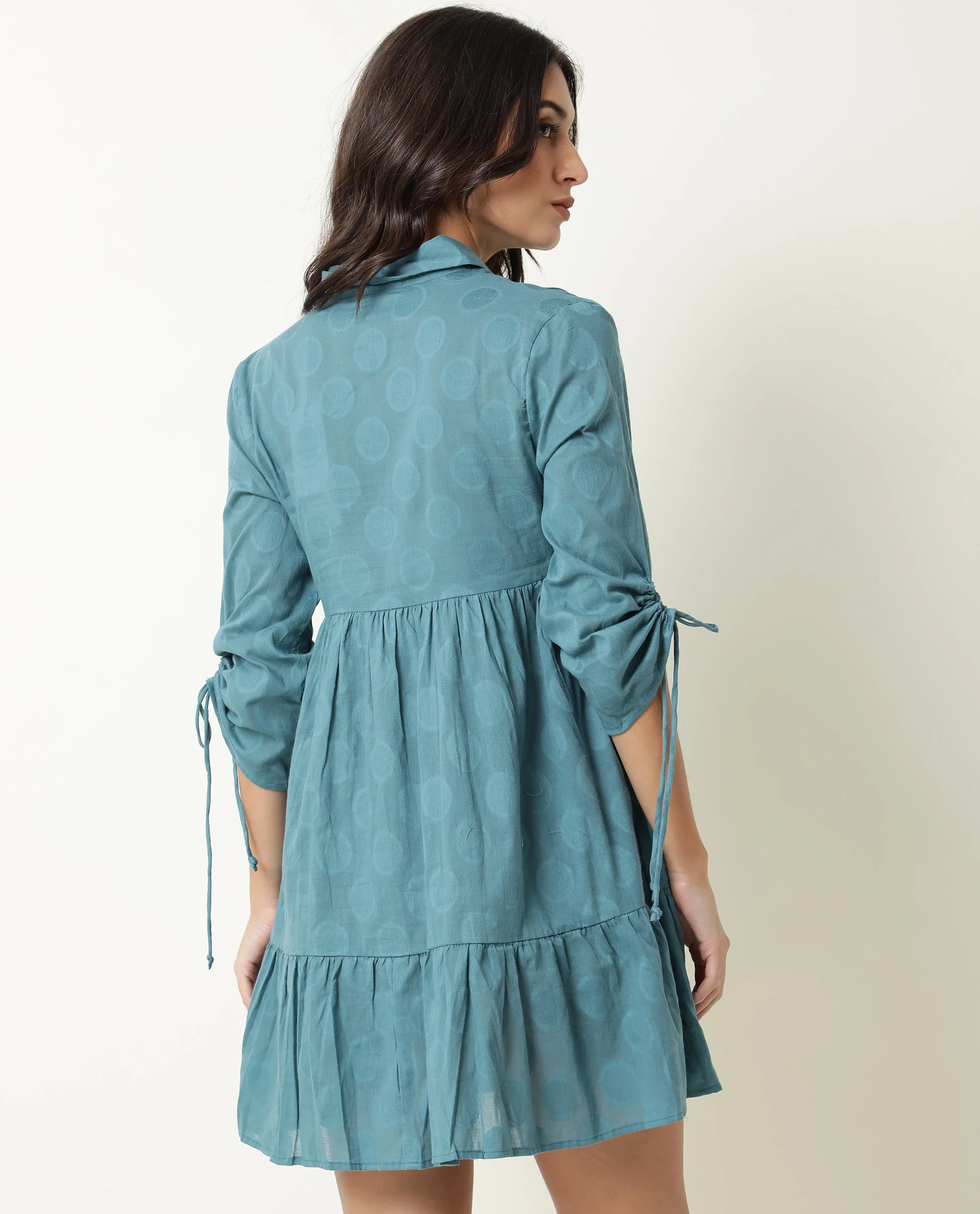 Rareism Womens Mascara Blue Dress Cotton Fabric Regular Fit 3/4 Sleeve Collared Neck - Image 8