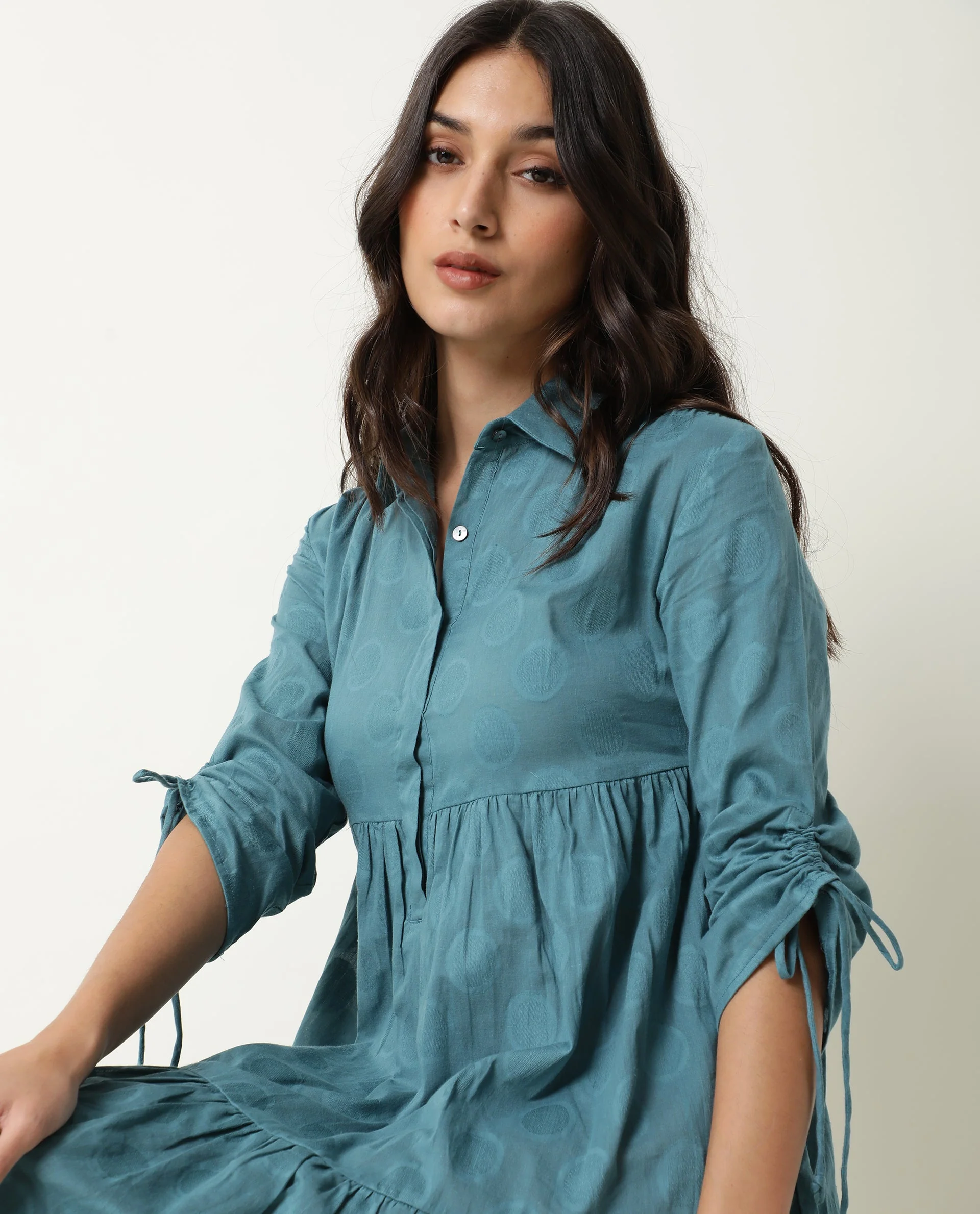 Rareism Womens Mascara Blue Dress Cotton Fabric Regular Fit 3/4 Sleeve Collared Neck - Image 9