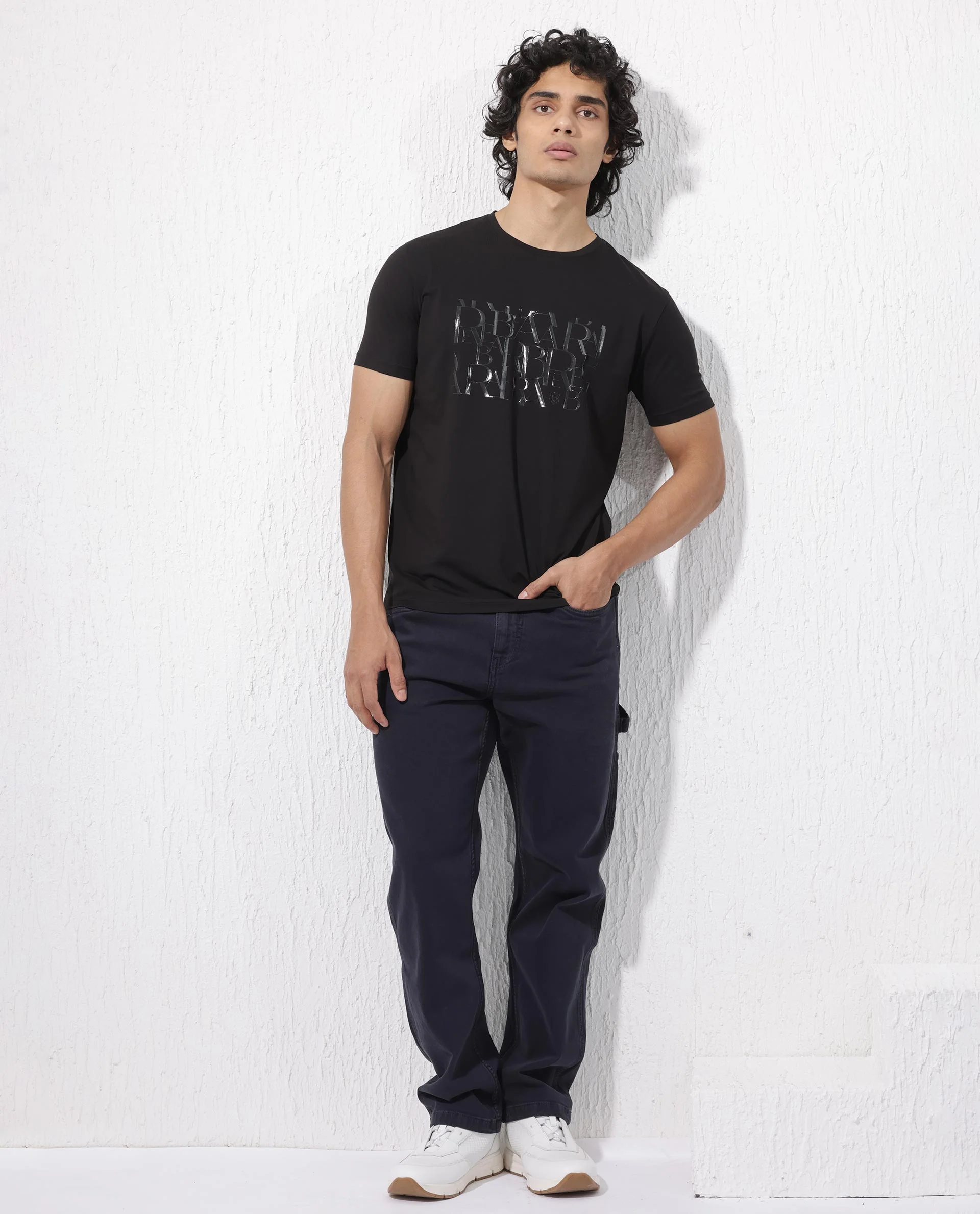 Rare Rabbit Men's Masco Black Cotton Blend Graphic Print Regular Fit Half Sleeve Crew Neck T-Shirt - Image 3