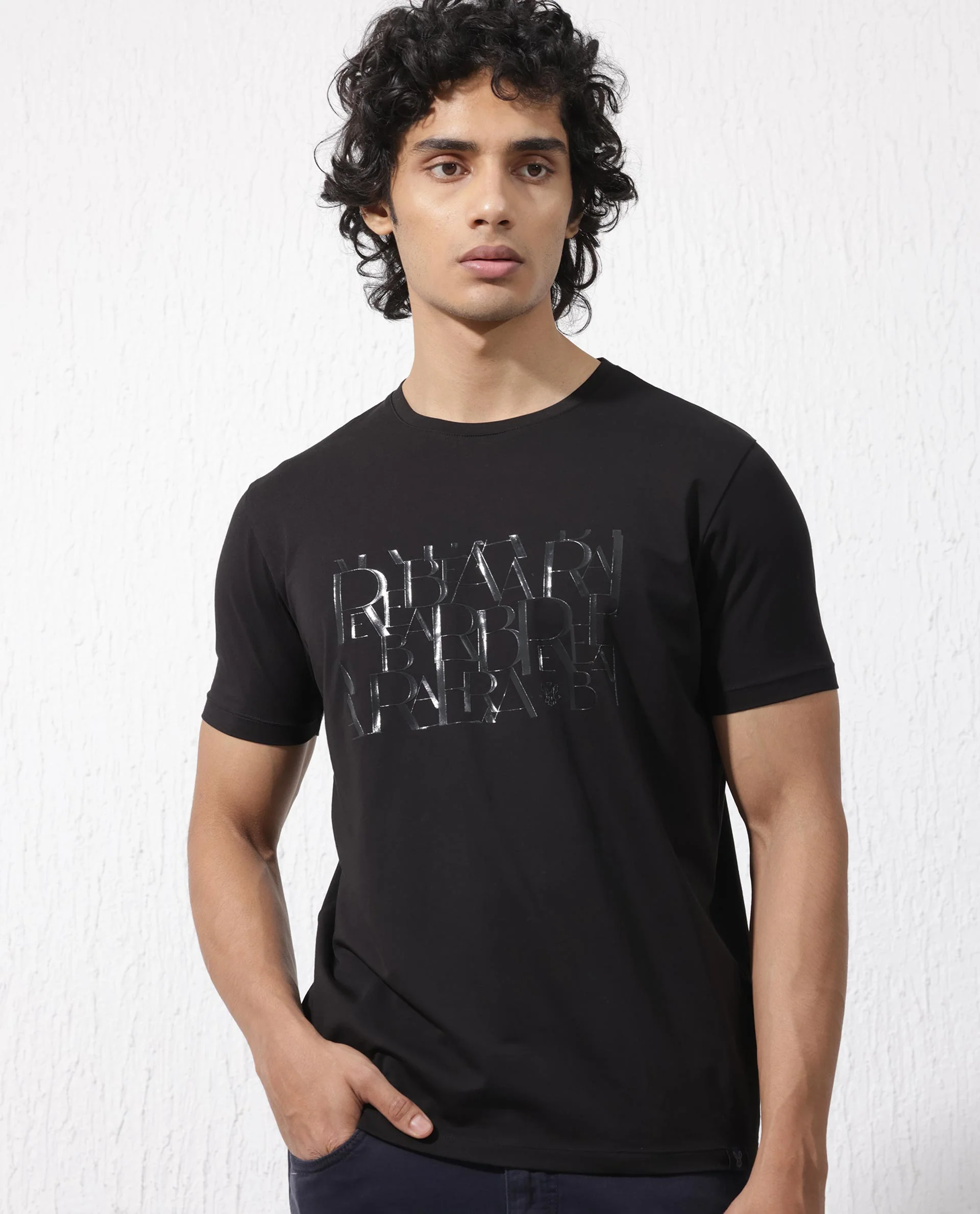 Rare Rabbit Men's Masco Black Cotton Blend Graphic Print Regular Fit Half Sleeve Crew Neck T-Shirt - Image 4