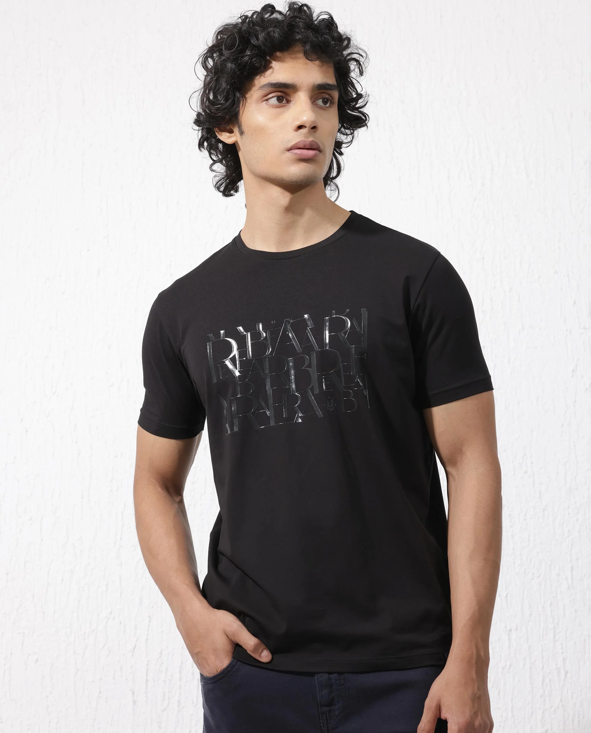 Rare Rabbit Men's Masco Black Cotton Blend Graphic Print Regular Fit Half Sleeve Crew Neck T-Shirt - Image 7