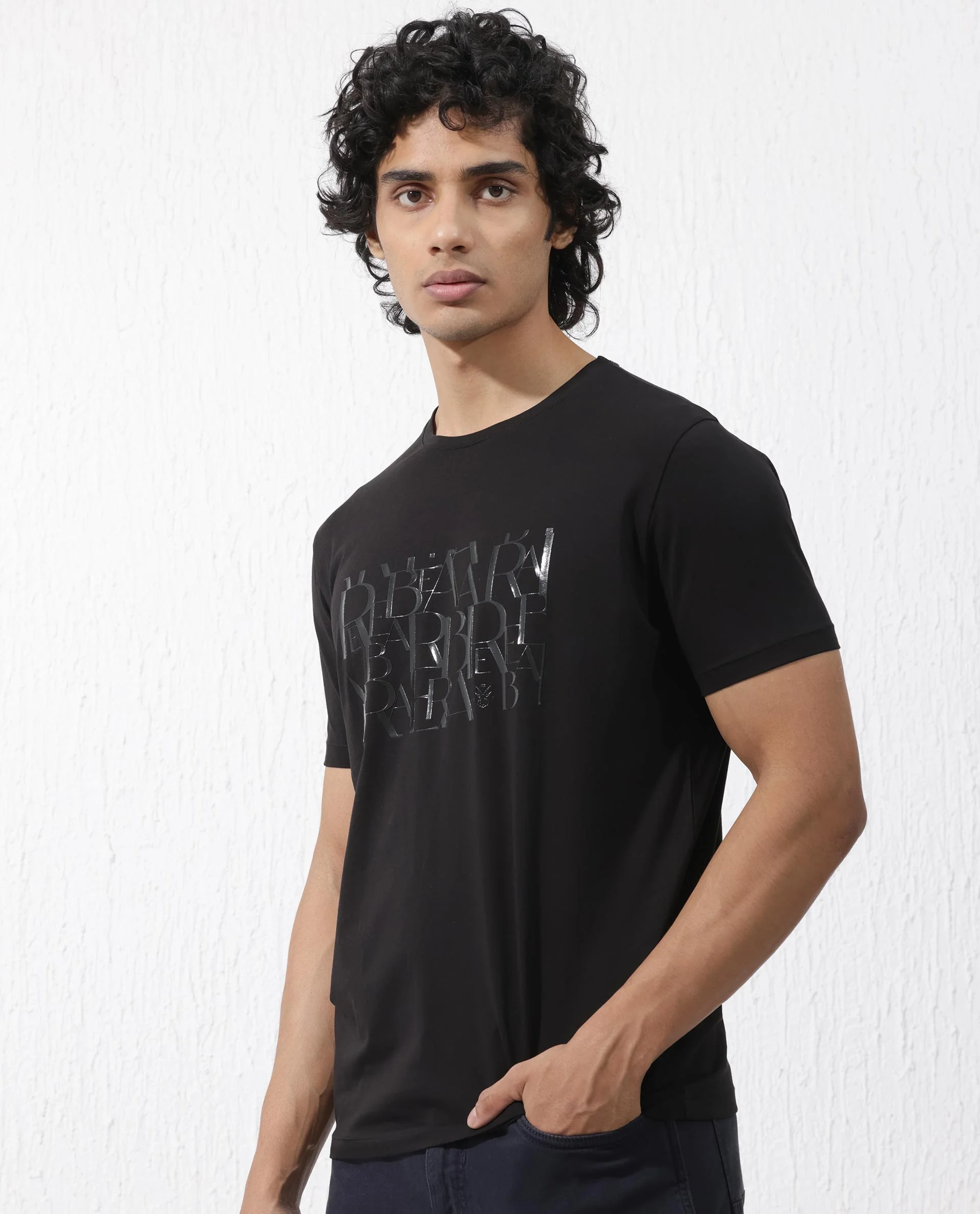 Rare Rabbit Men's Masco Black Cotton Blend Graphic Print Regular Fit Half Sleeve Crew Neck T-Shirt - Image 9
