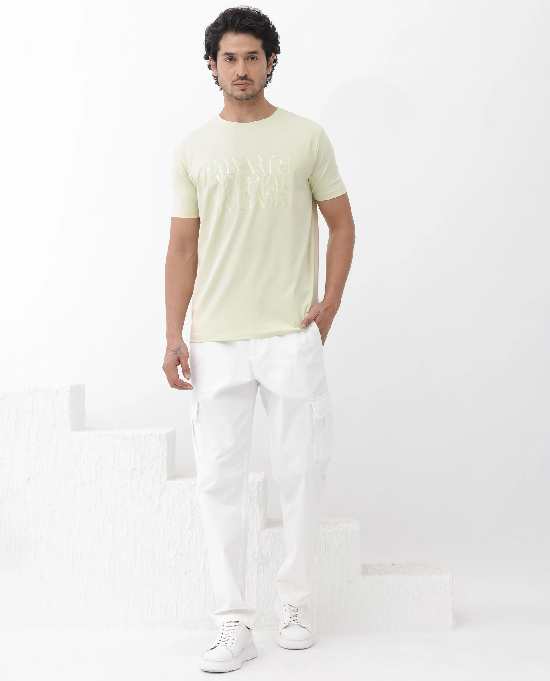 Rare Rabbit Men's Masco Pastel Green Cotton Blend Graphic Print Regular Fit Half Sleeve Crew Neck T-Shirt - Image 2