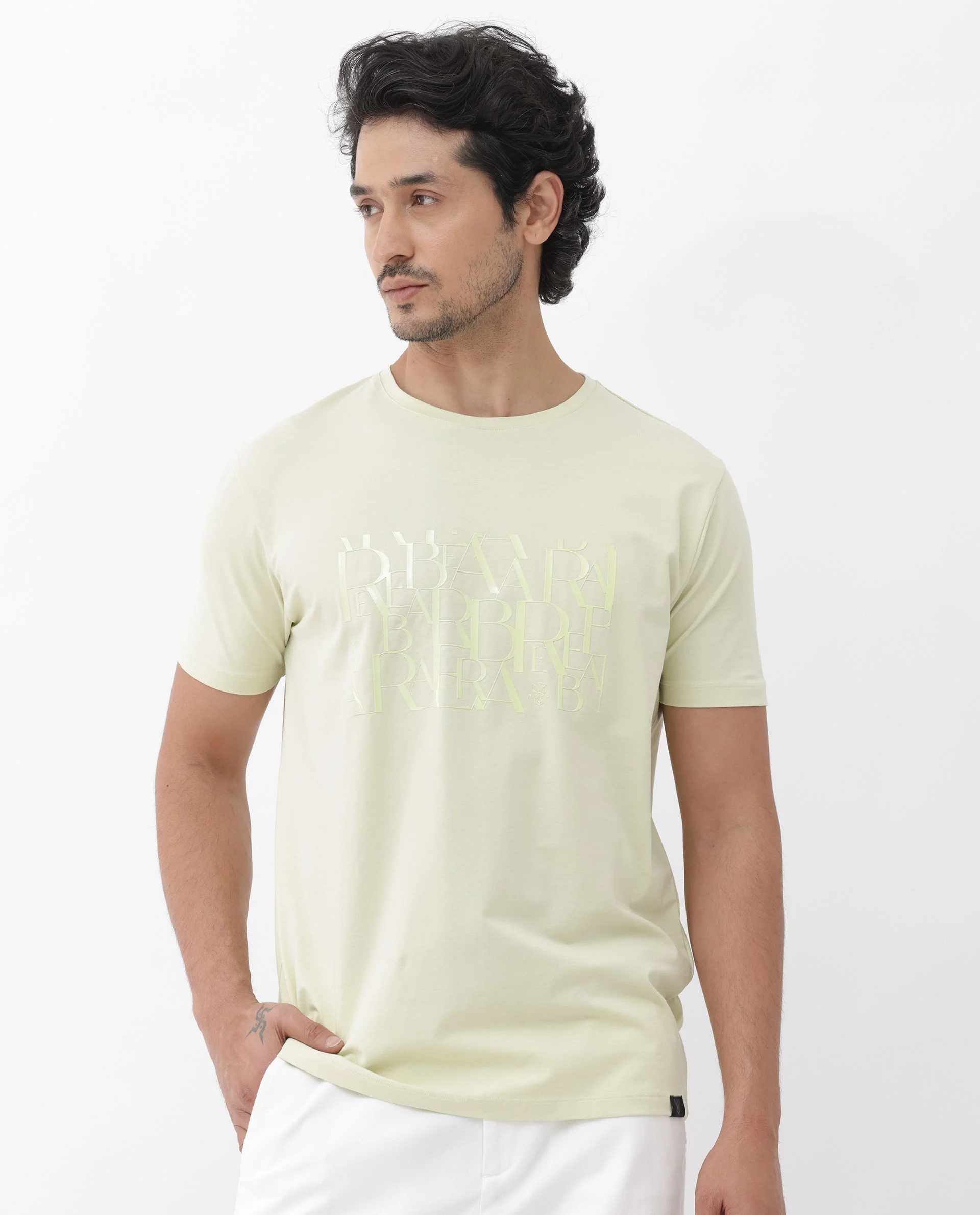 Rare Rabbit Men's Masco Pastel Green Cotton Blend Graphic Print Regular Fit Half Sleeve Crew Neck T-Shirt - Image 3