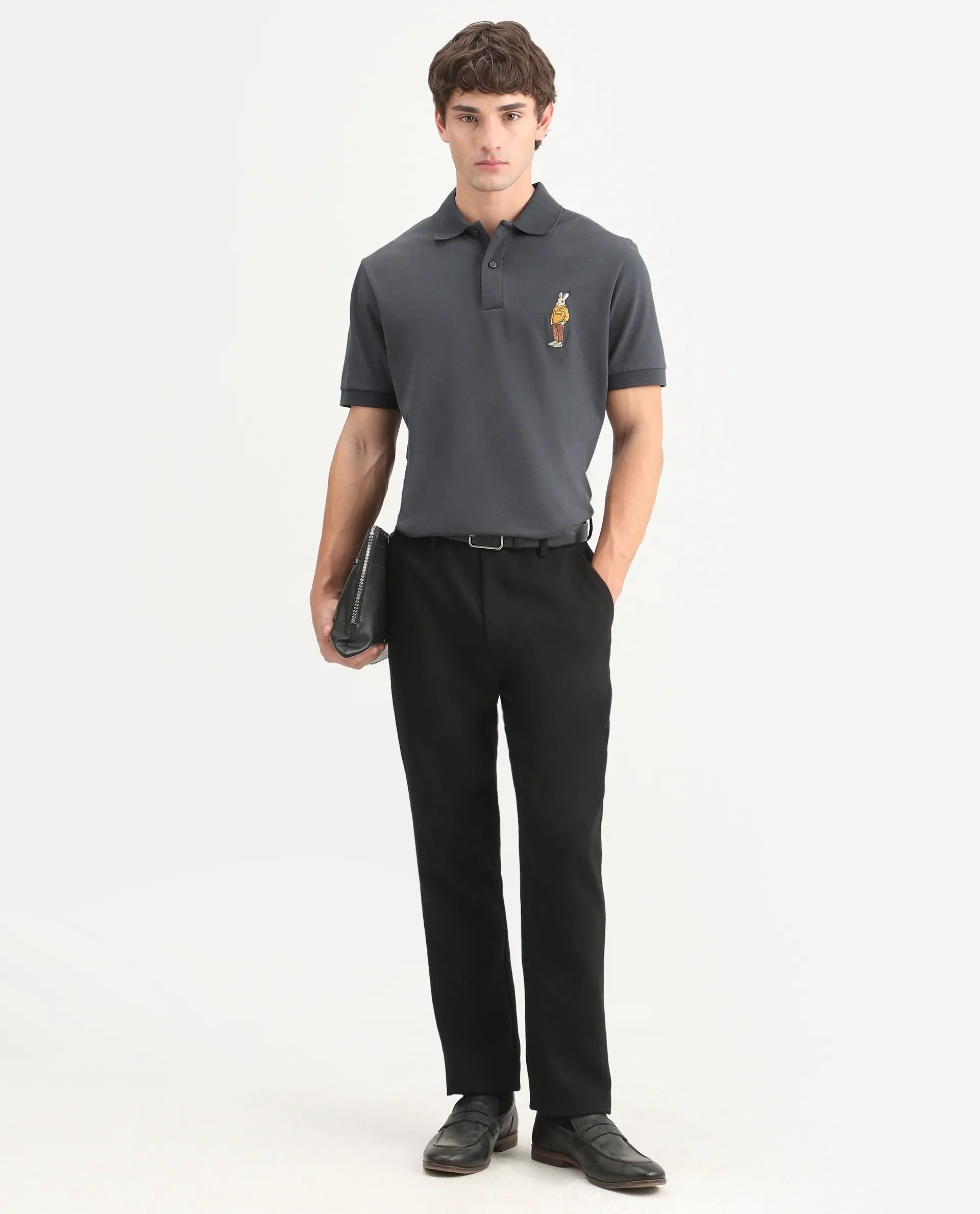 Rare Rabbit Men's Mascos Black Cotton Blend Spread Collar Regular Fit Embroidered Polo - Image 2