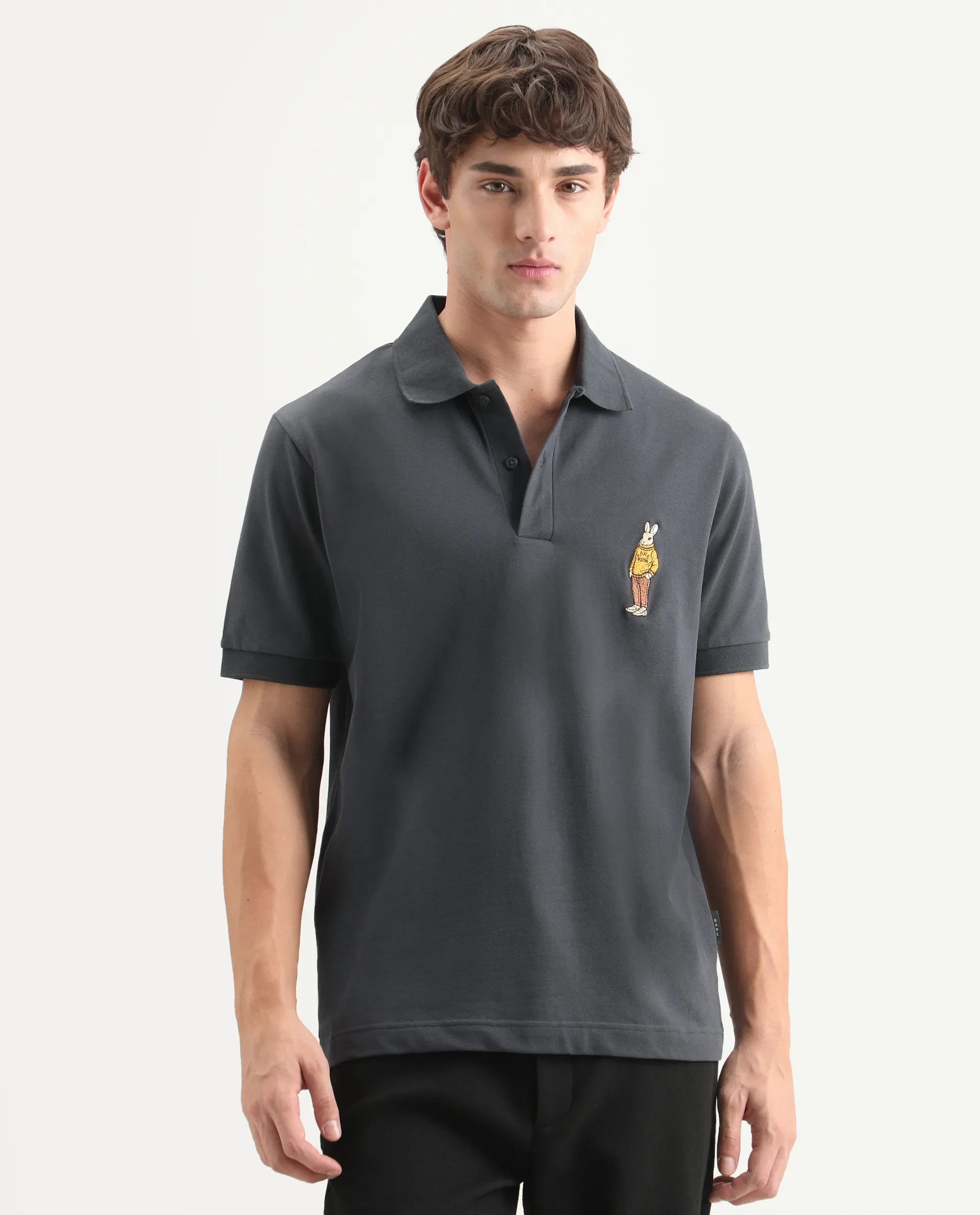 Rare Rabbit Men's Mascos Black Cotton Blend Spread Collar Regular Fit Embroidered Polo - Image 4