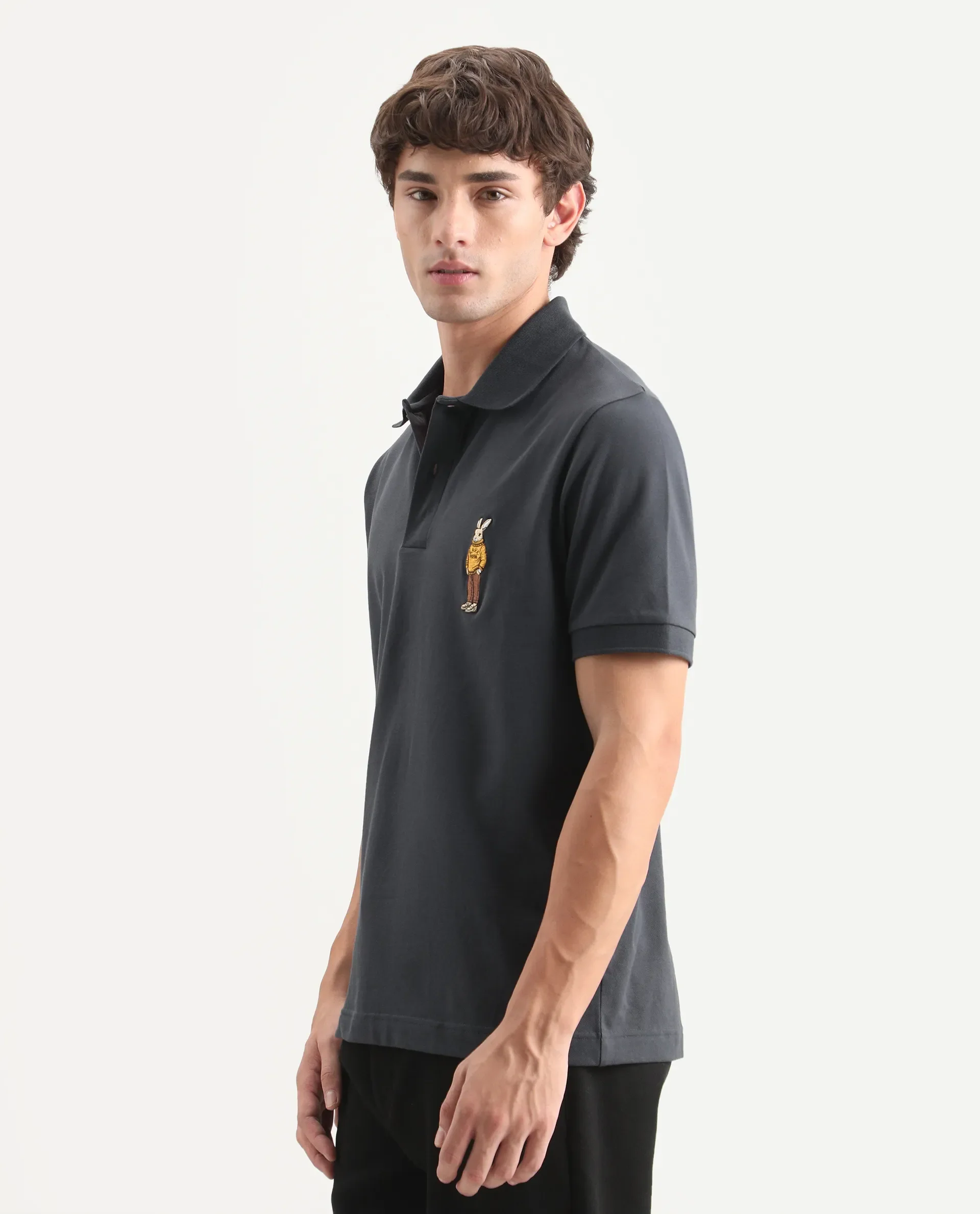 Rare Rabbit Men's Mascos Black Cotton Blend Spread Collar Regular Fit Embroidered Polo - Image 5