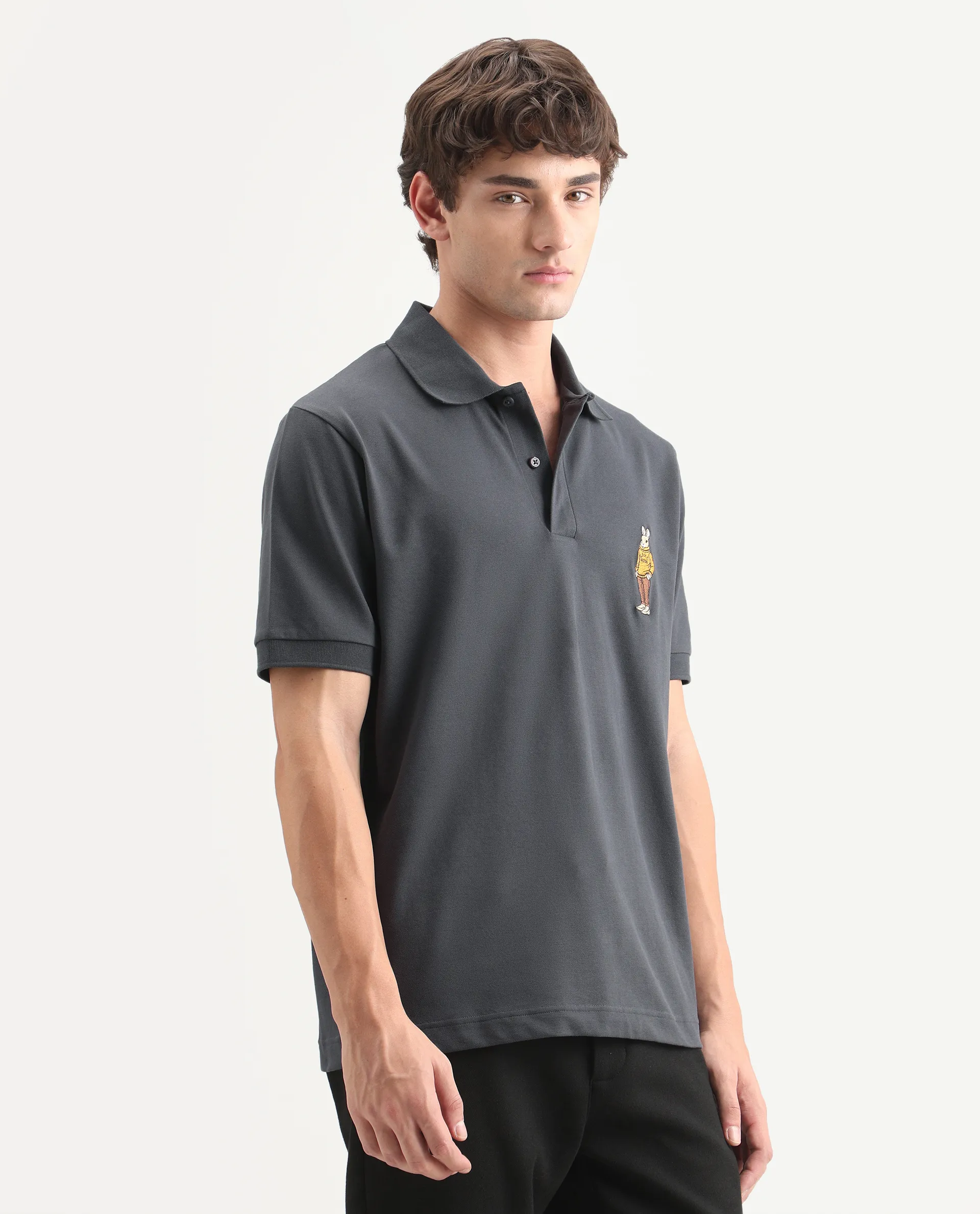 Rare Rabbit Men's Mascos Black Cotton Blend Spread Collar Regular Fit Embroidered Polo - Image 6