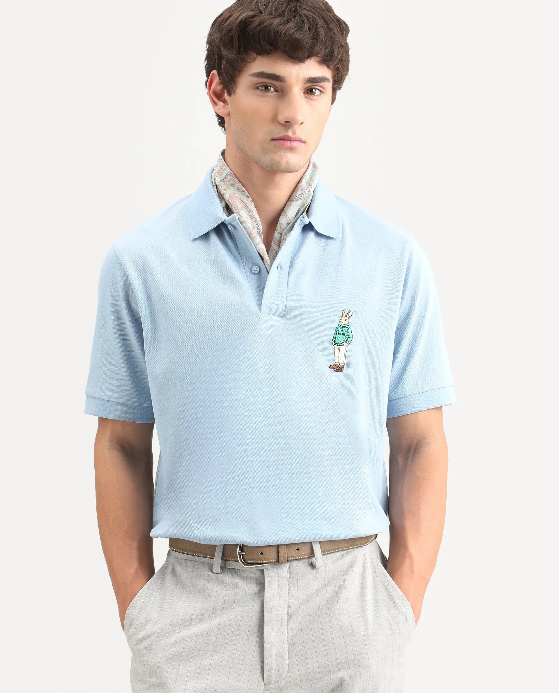Rare Rabbit Men's Mascos Light Blue Cotton Blend Spread Collar Regular Fit Embroidered Polo