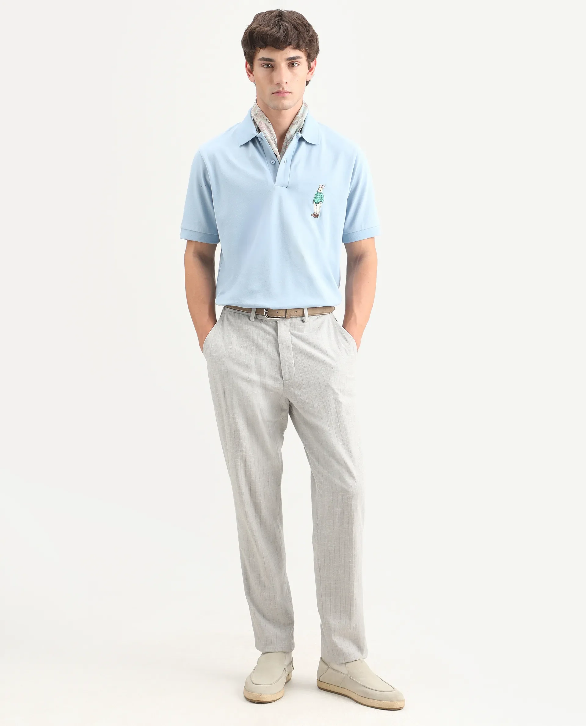 Rare Rabbit Men's Mascos Light Blue Cotton Blend Spread Collar Regular Fit Embroidered Polo - Image 2