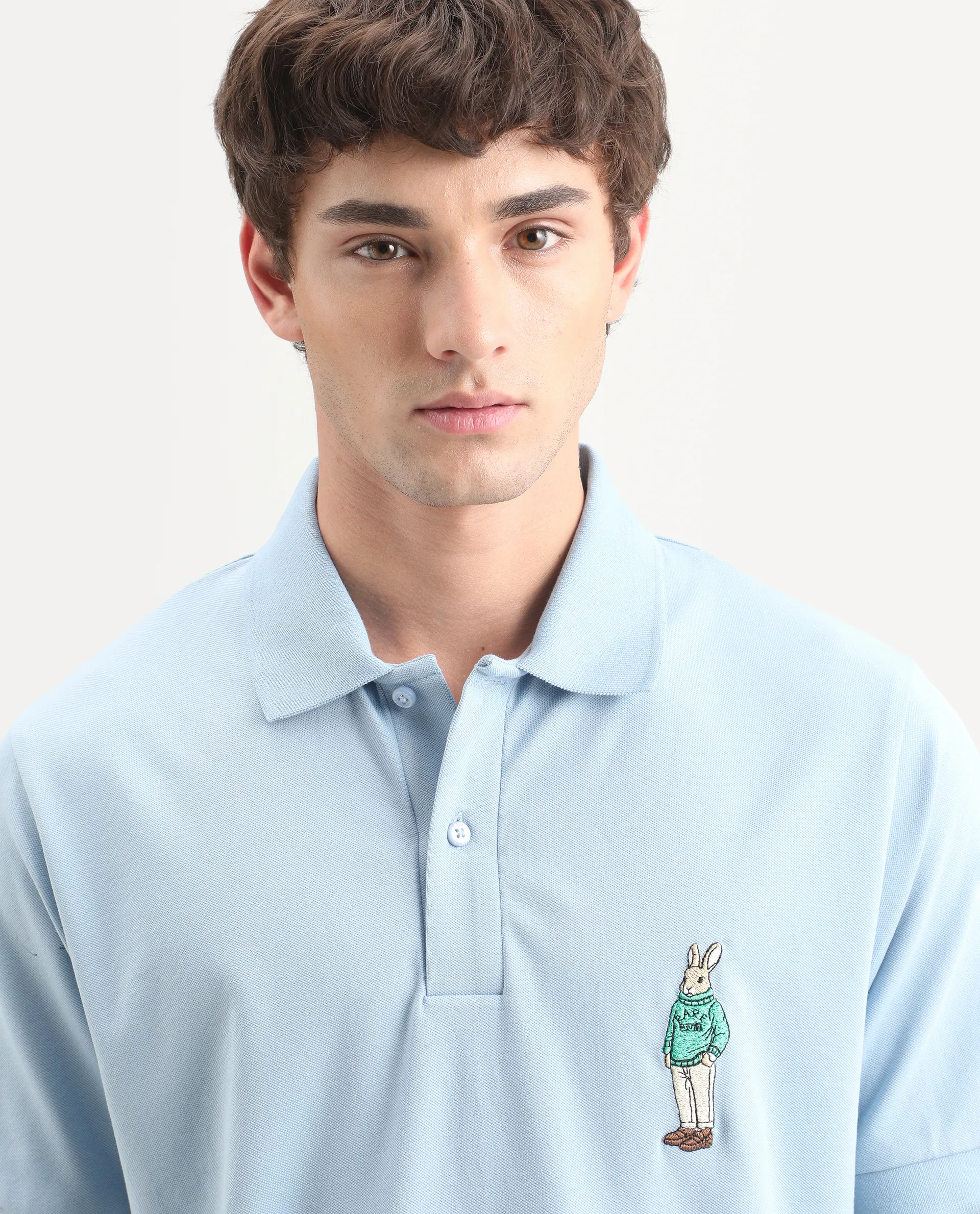 Rare Rabbit Men's Mascos Light Blue Cotton Blend Spread Collar Regular Fit Embroidered Polo - Image 3
