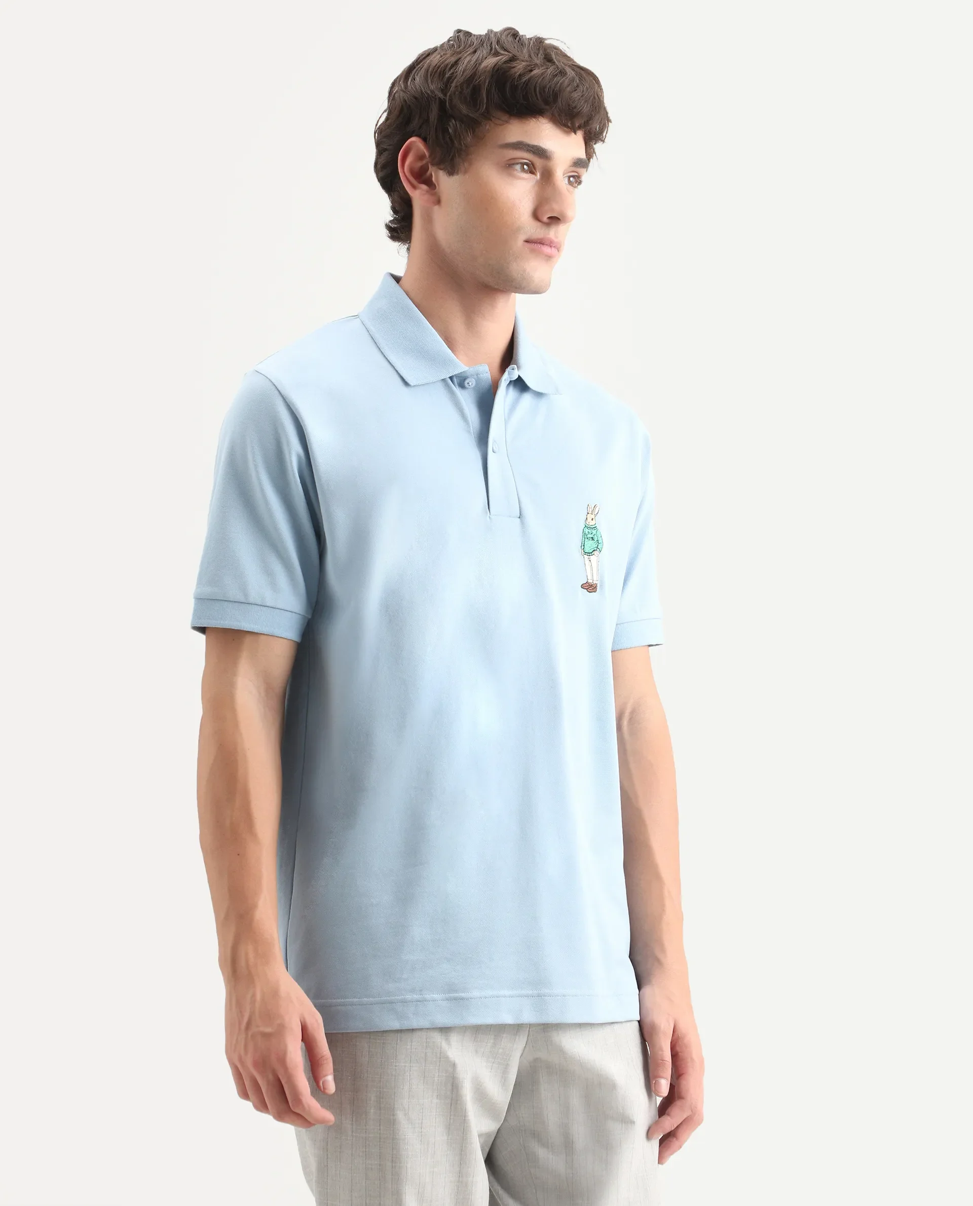 Rare Rabbit Men's Mascos Light Blue Cotton Blend Spread Collar Regular Fit Embroidered Polo - Image 4