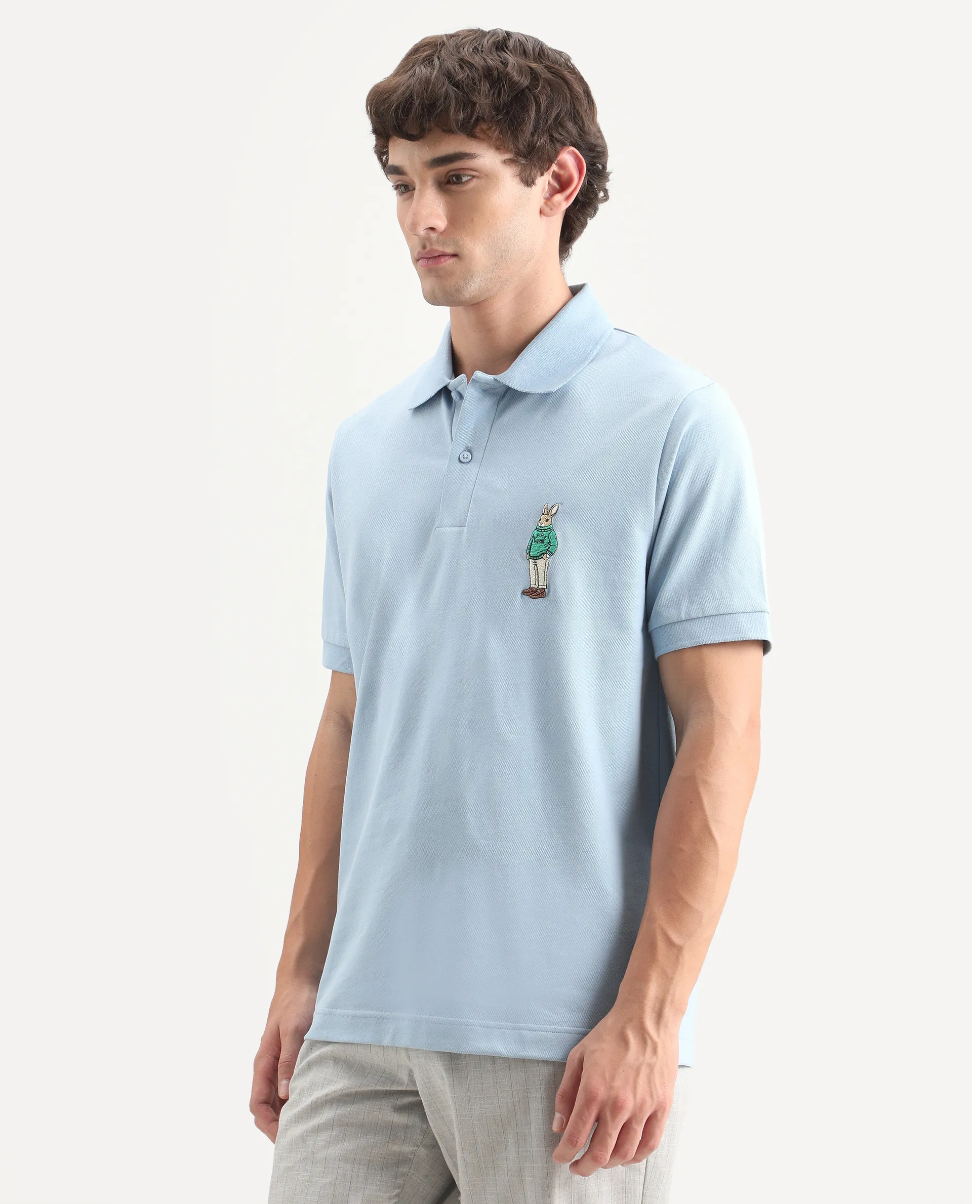 Rare Rabbit Men's Mascos Light Blue Cotton Blend Spread Collar Regular Fit Embroidered Polo - Image 5