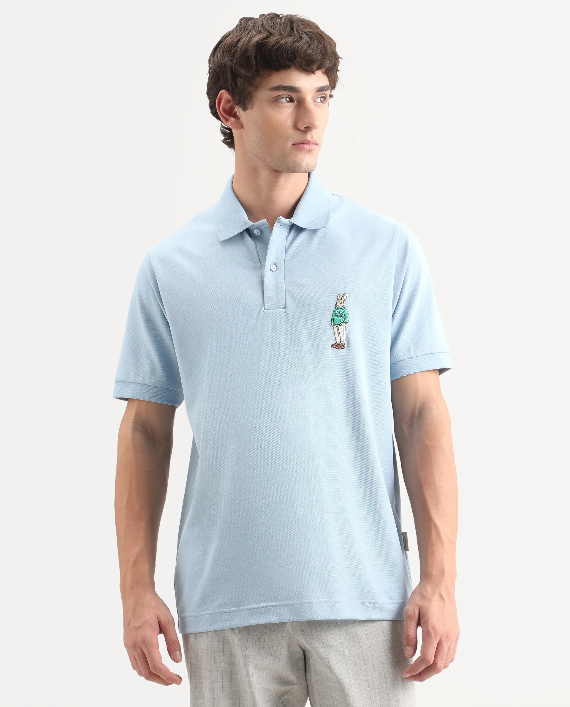 Rare Rabbit Men's Mascos Light Blue Cotton Blend Spread Collar Regular Fit Embroidered Polo - Image 6