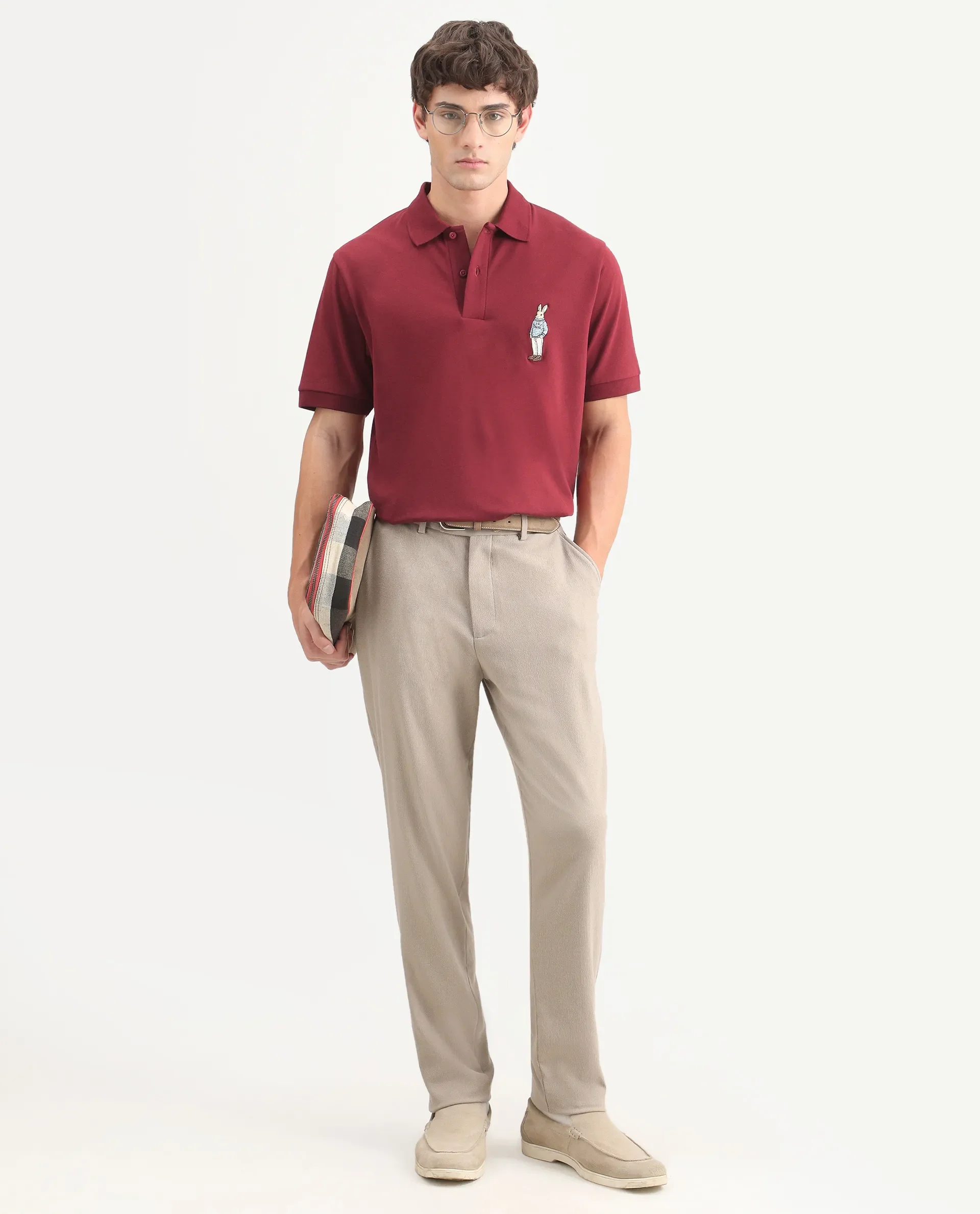 Rare Rabbit Men's Mascos Red Cotton Blend Spread Collar Regular Fit Embroidered Polo - Image 2